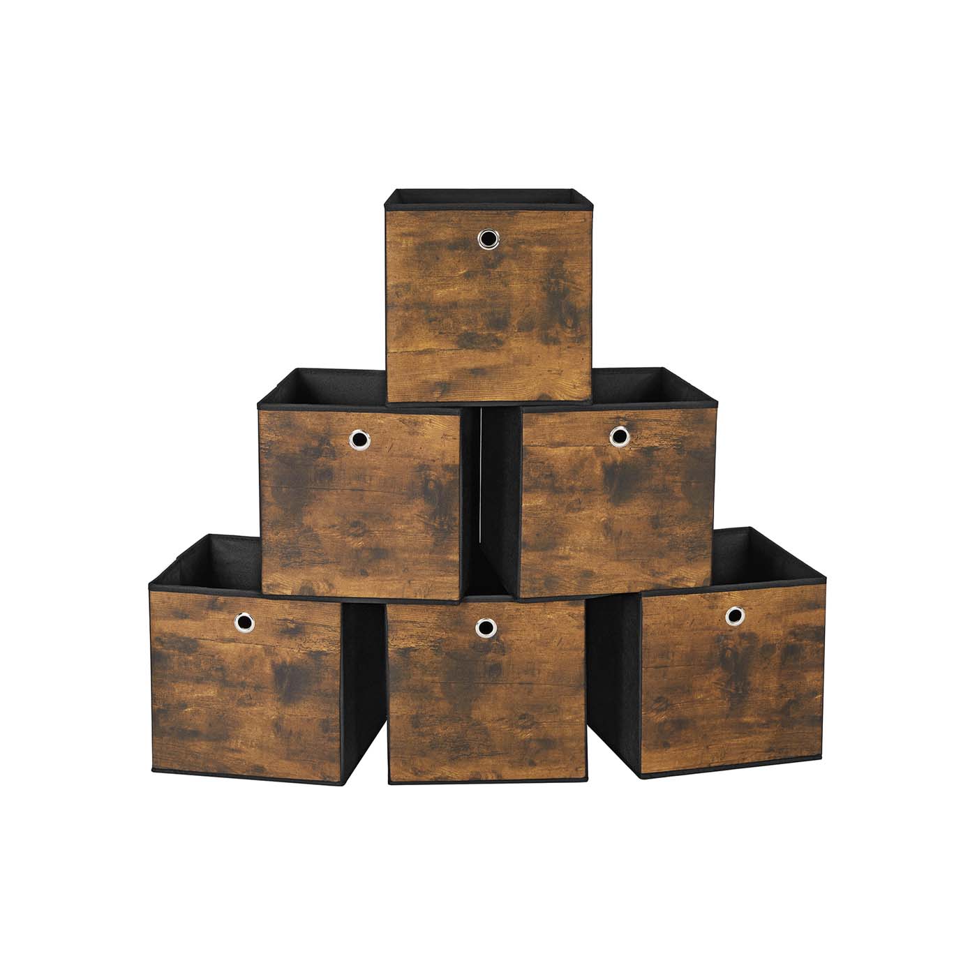 Set of 6 Folding Storage Boxes - 30 x 30 x 30 cm - Non-Woven - Rustic Brown and Black - Durable and Easy to Maintain