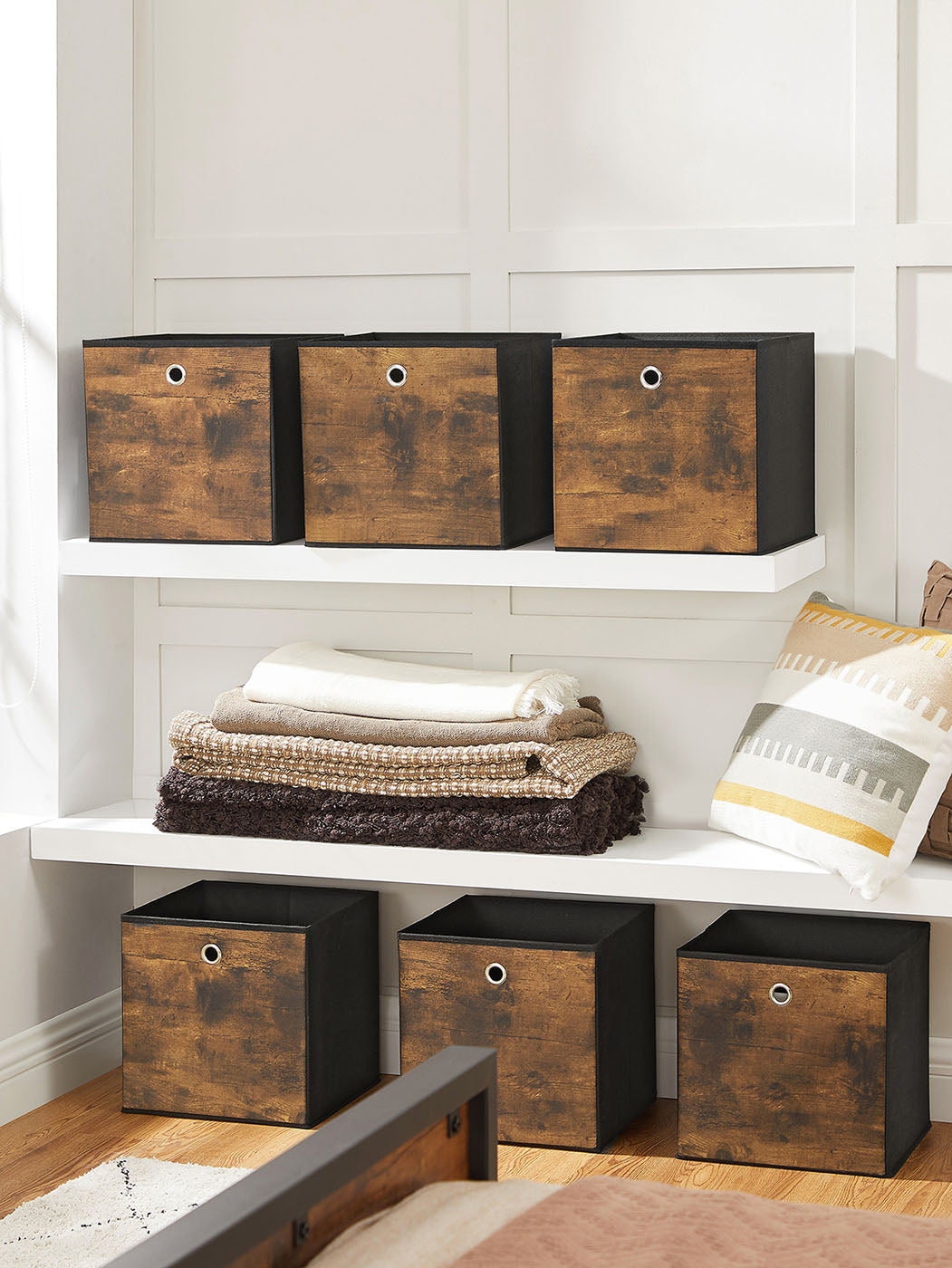 Set of 6 Folding Storage Boxes - 30 x 30 x 30 cm - Non-Woven - Rustic Brown and Black - Durable and Easy to Maintain