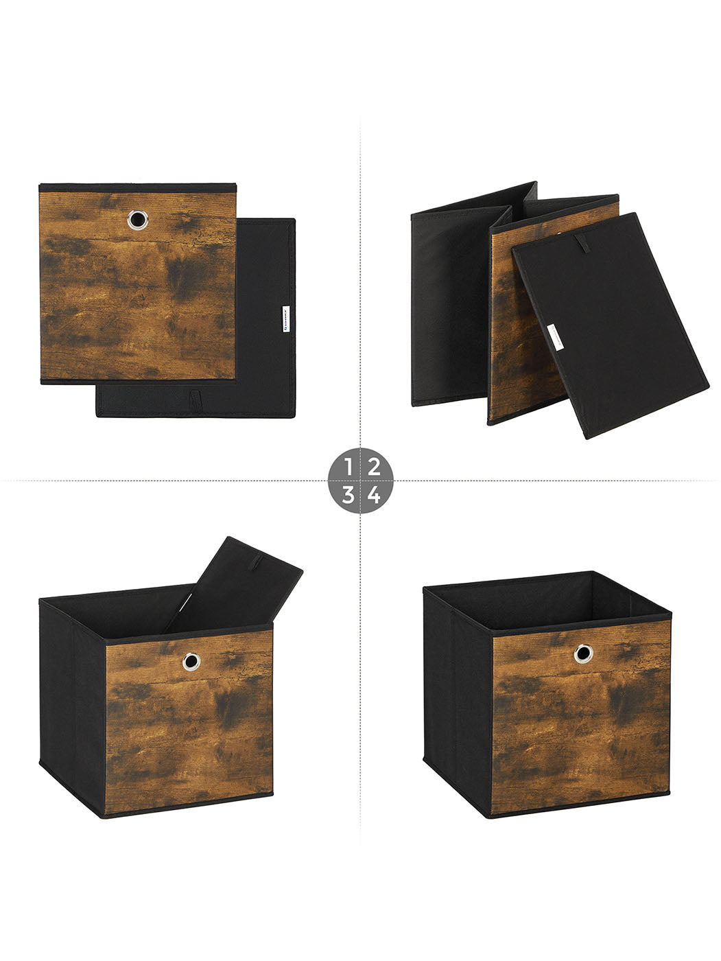Set of 6 Folding Storage Boxes - 30 x 30 x 30 cm - Non-Woven - Rustic Brown and Black - Durable and Easy to Maintain