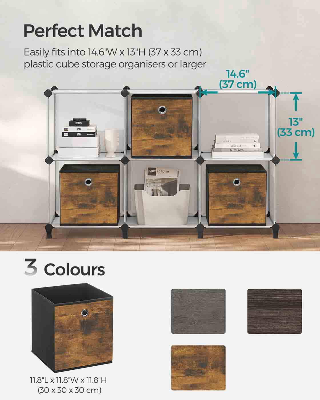 Set of 6 Folding Storage Boxes - 30 x 30 x 30 cm - Non-Woven - Rustic Brown and Black - Durable and Easy to Maintain