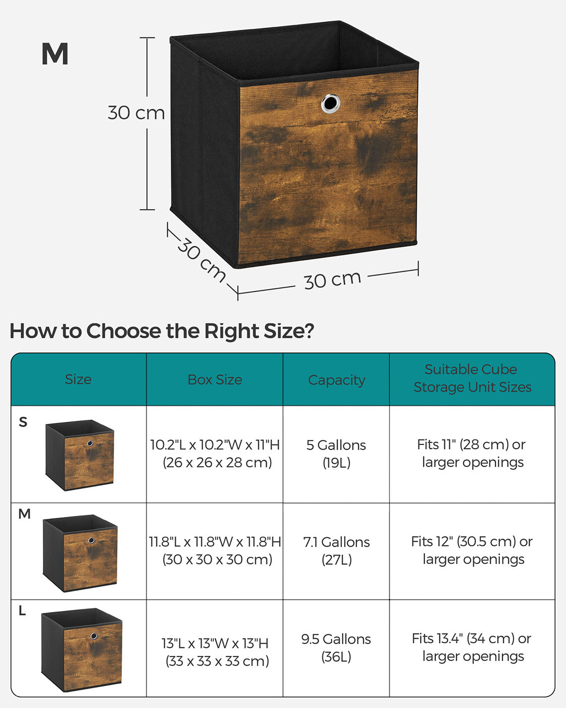 Set of 6 Folding Storage Boxes - 30 x 30 x 30 cm - Non-Woven - Rustic Brown and Black - Durable and Easy to Maintain