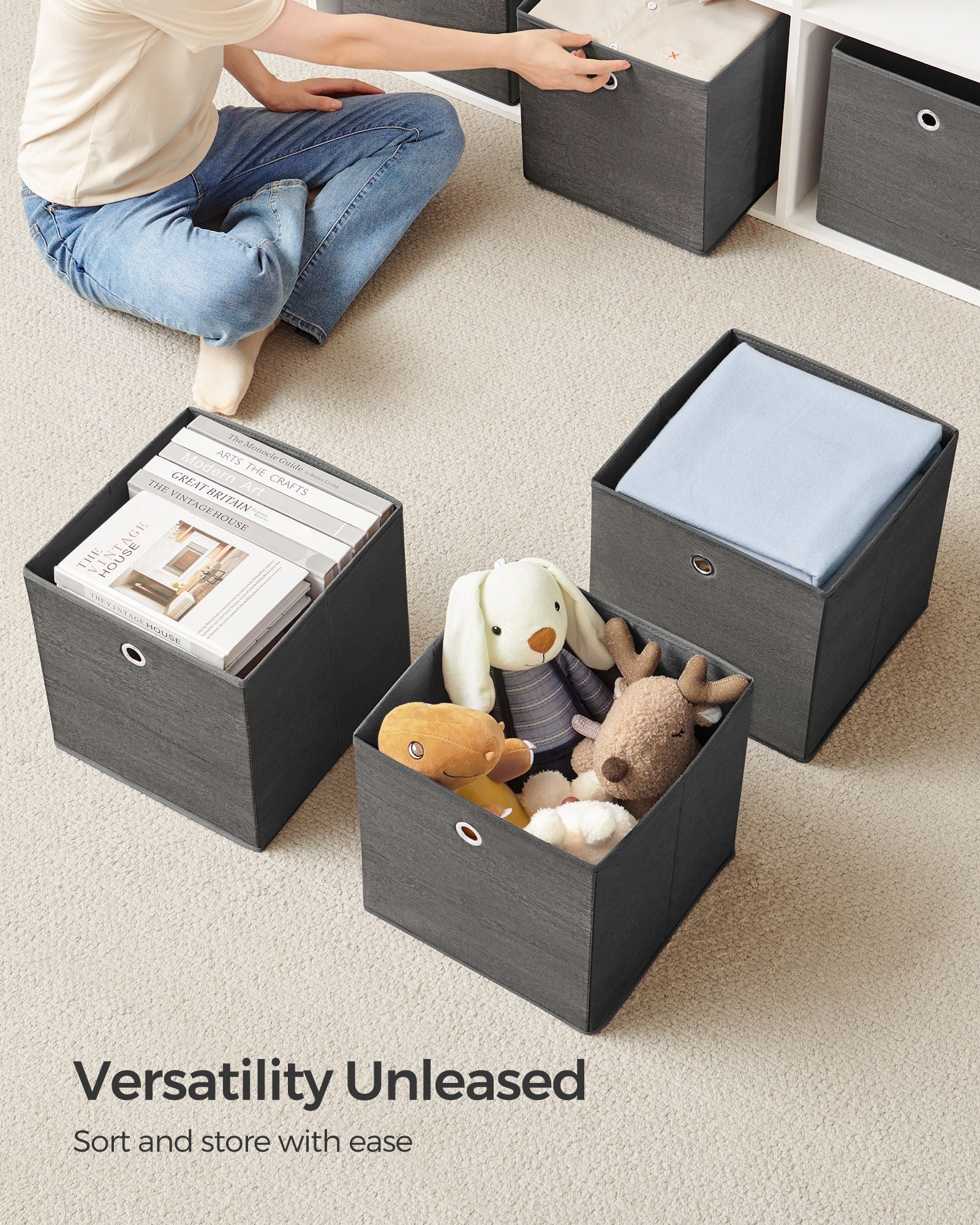 Set of 6 Foldable Storage Organiser Boxes - Non-Woven Fabric - Rustic Brown and Black - Includes Handles