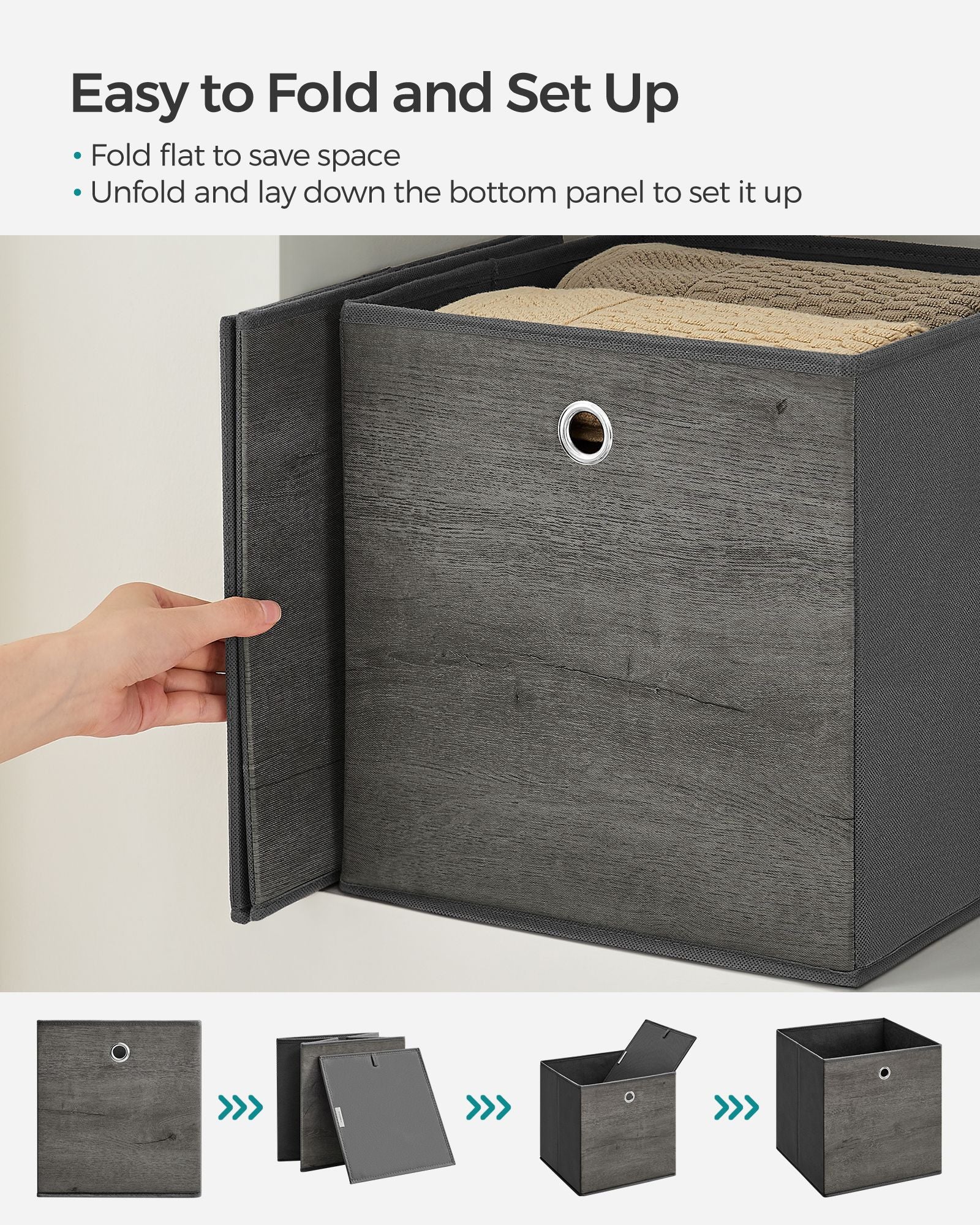 Set of 6 Foldable Storage Organiser Boxes - Non-Woven Fabric - Rustic Brown and Black - Includes Handles