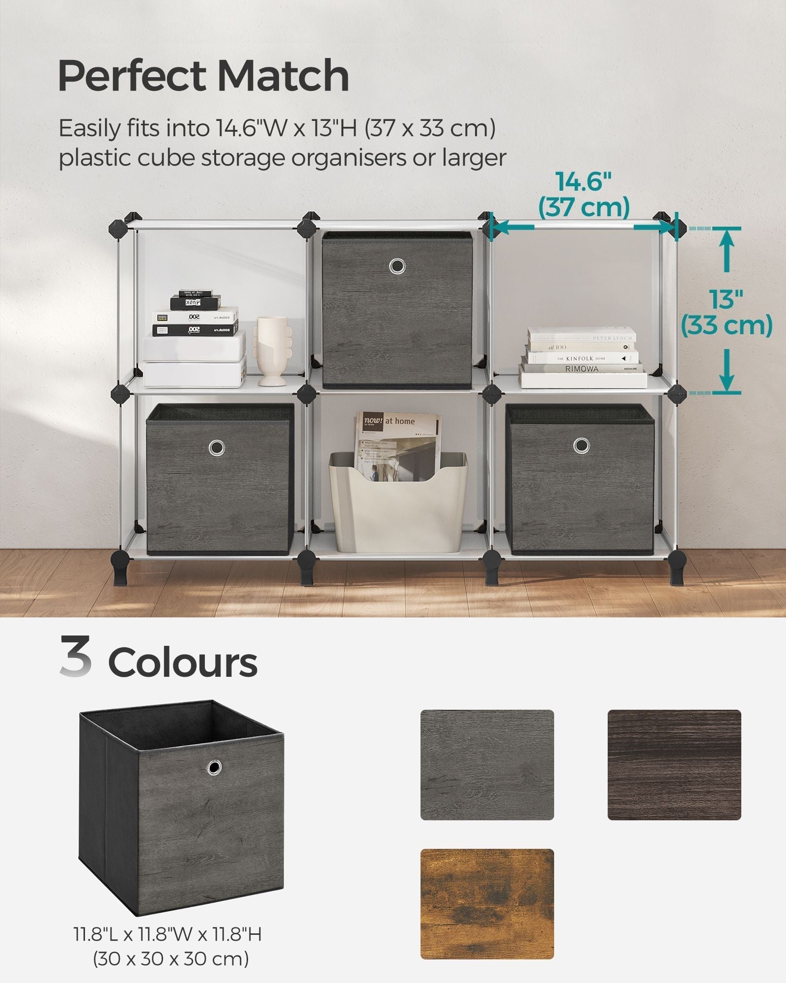 Set of 6 Foldable Storage Organiser Boxes - Non-Woven Fabric - Rustic Brown and Black - Includes Handles