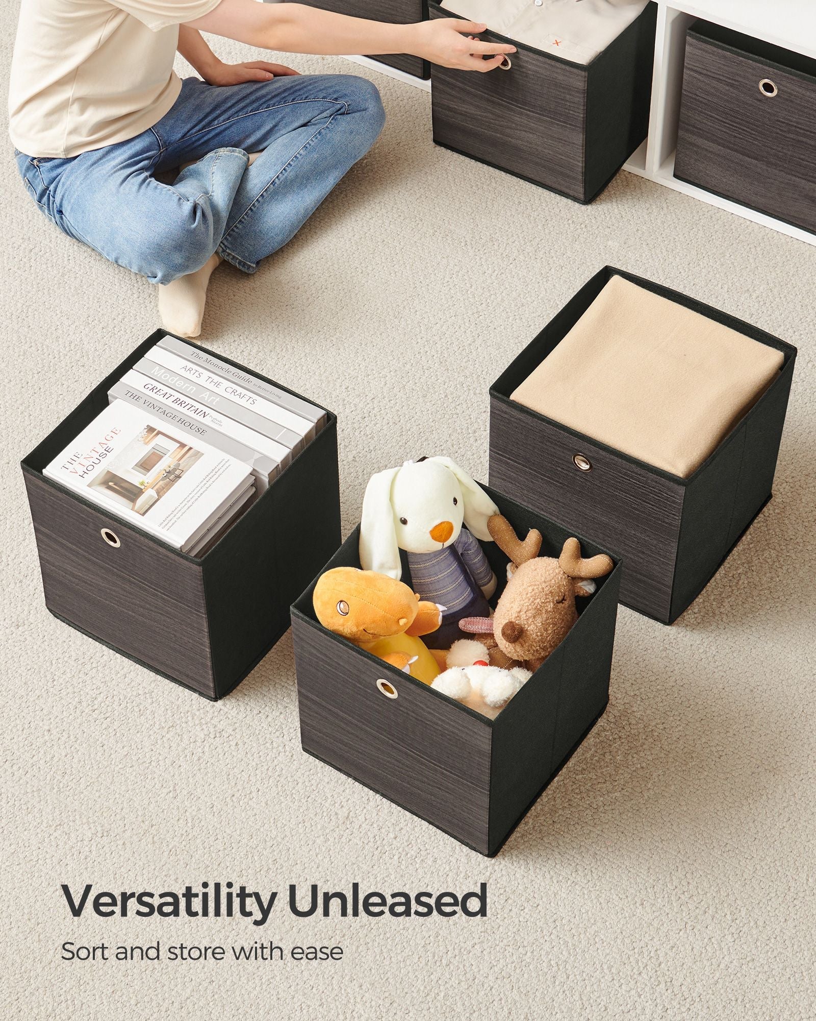 Set of 6 Foldable Storage Organiser Boxes - Non-Woven Fabric - Rustic Brown and Black - Includes Handles