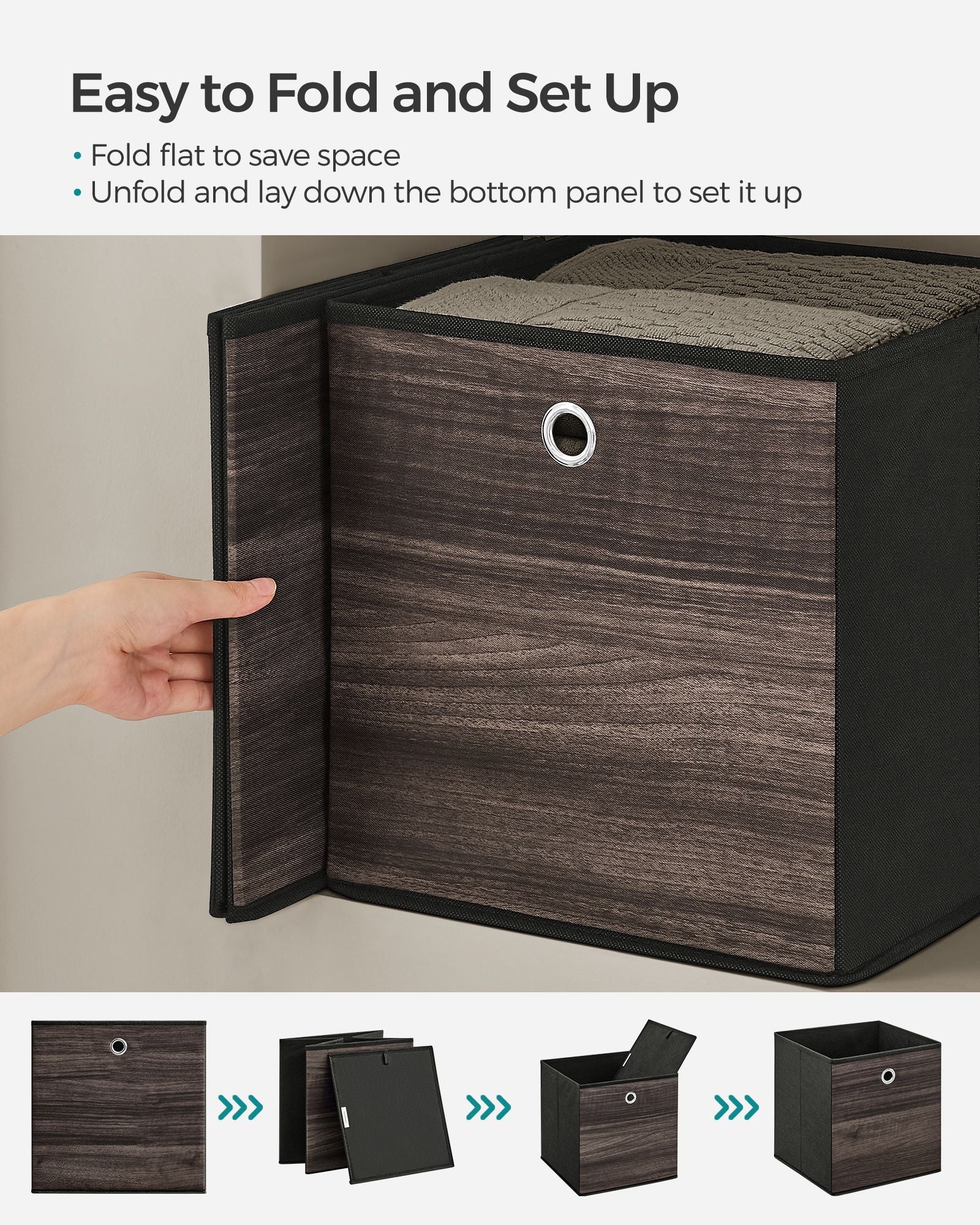 Set of 6 Foldable Storage Organiser Boxes - Non-Woven Fabric - Rustic Brown and Black - Includes Handles
