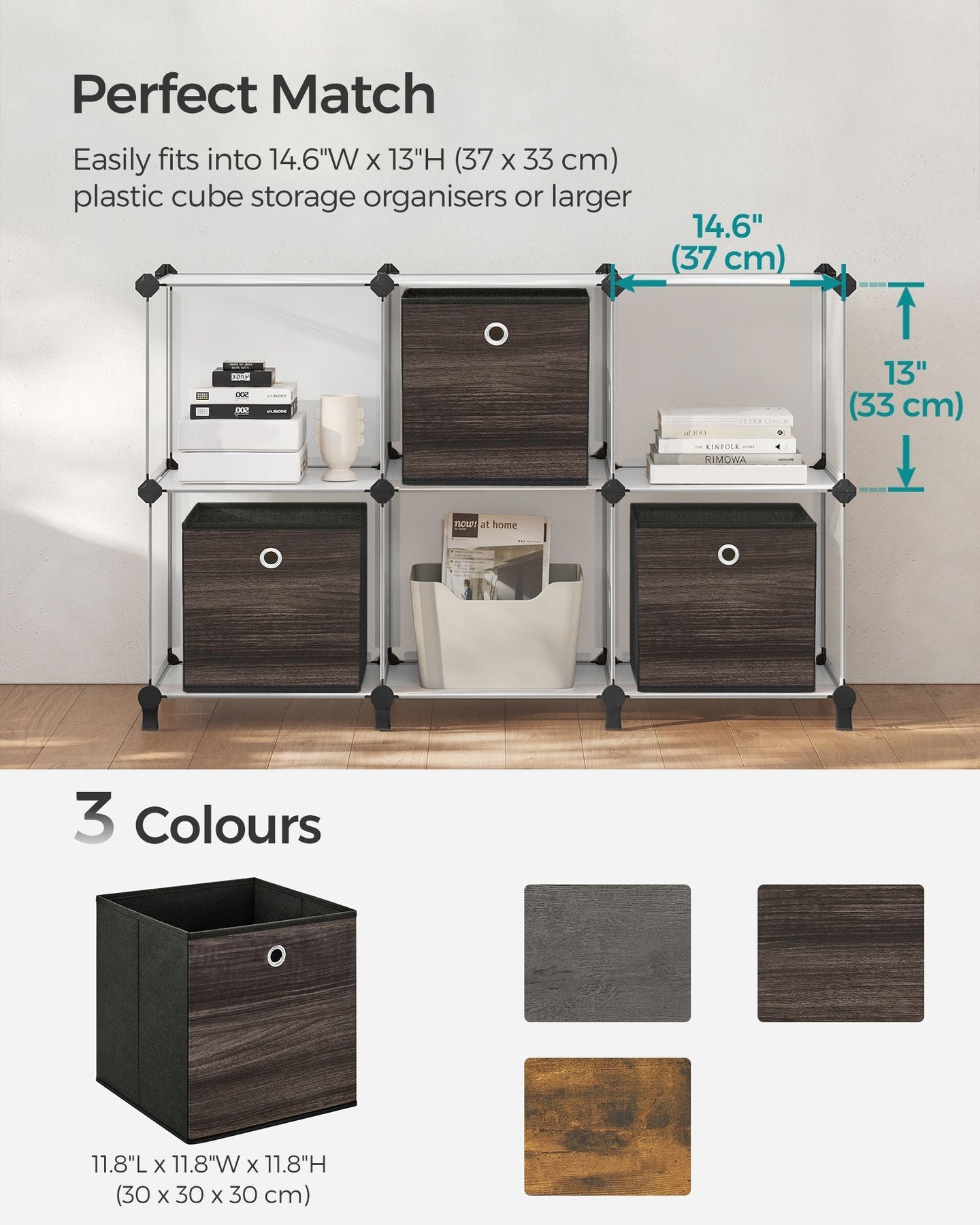 Set of 6 Foldable Storage Organiser Boxes - Non-Woven Fabric - Rustic Brown and Black - Includes Handles