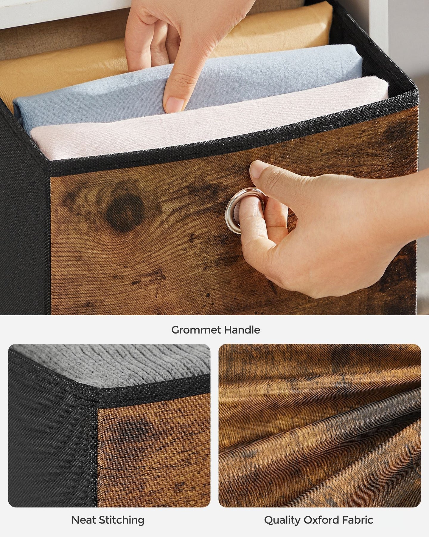 Set of 6 Foldable Storage Cubes - Oxford - Rustic Brown and Black - Convenient Handle