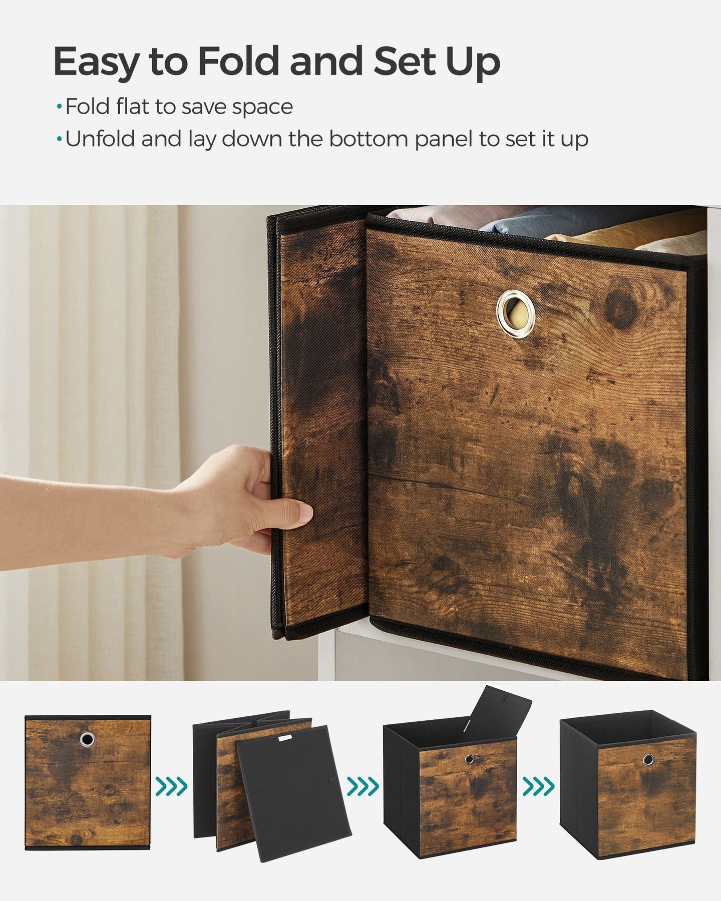 Set of 6 Foldable Storage Cubes - Oxford - Rustic Brown and Black - Convenient Handle