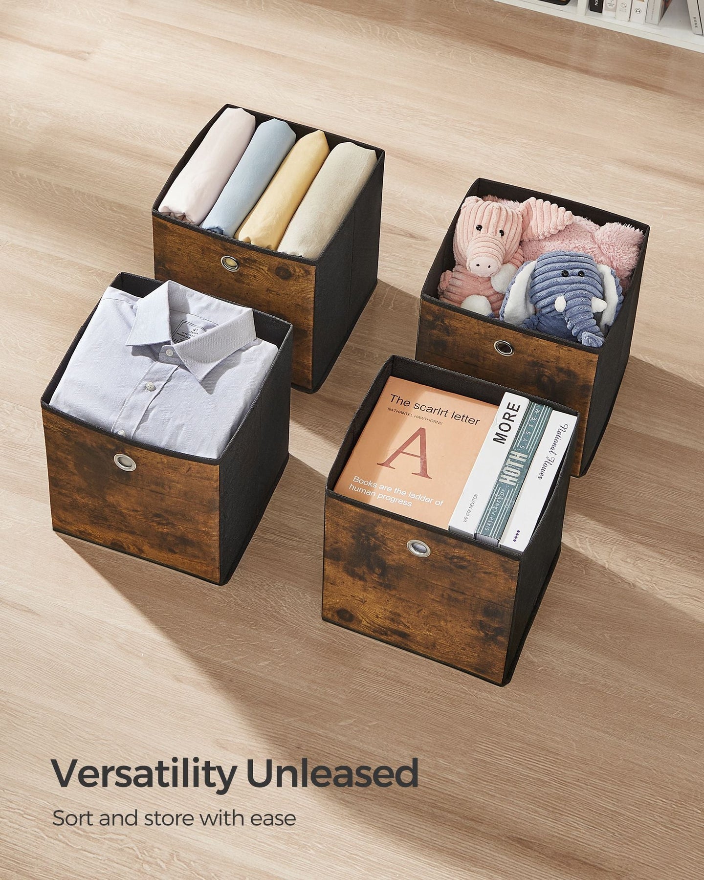 Set of 6 Foldable Storage Cubes - Oxford - Rustic Brown and Black - Convenient Handle
