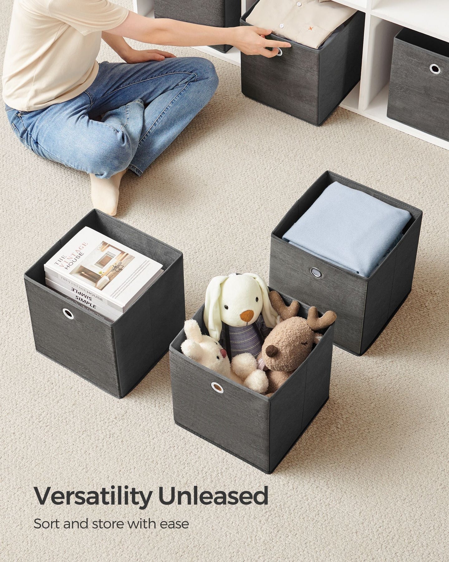 Set of 6 Storage Boxes - Non-Woven - Rustic Brown and Black - Foldable with Handle