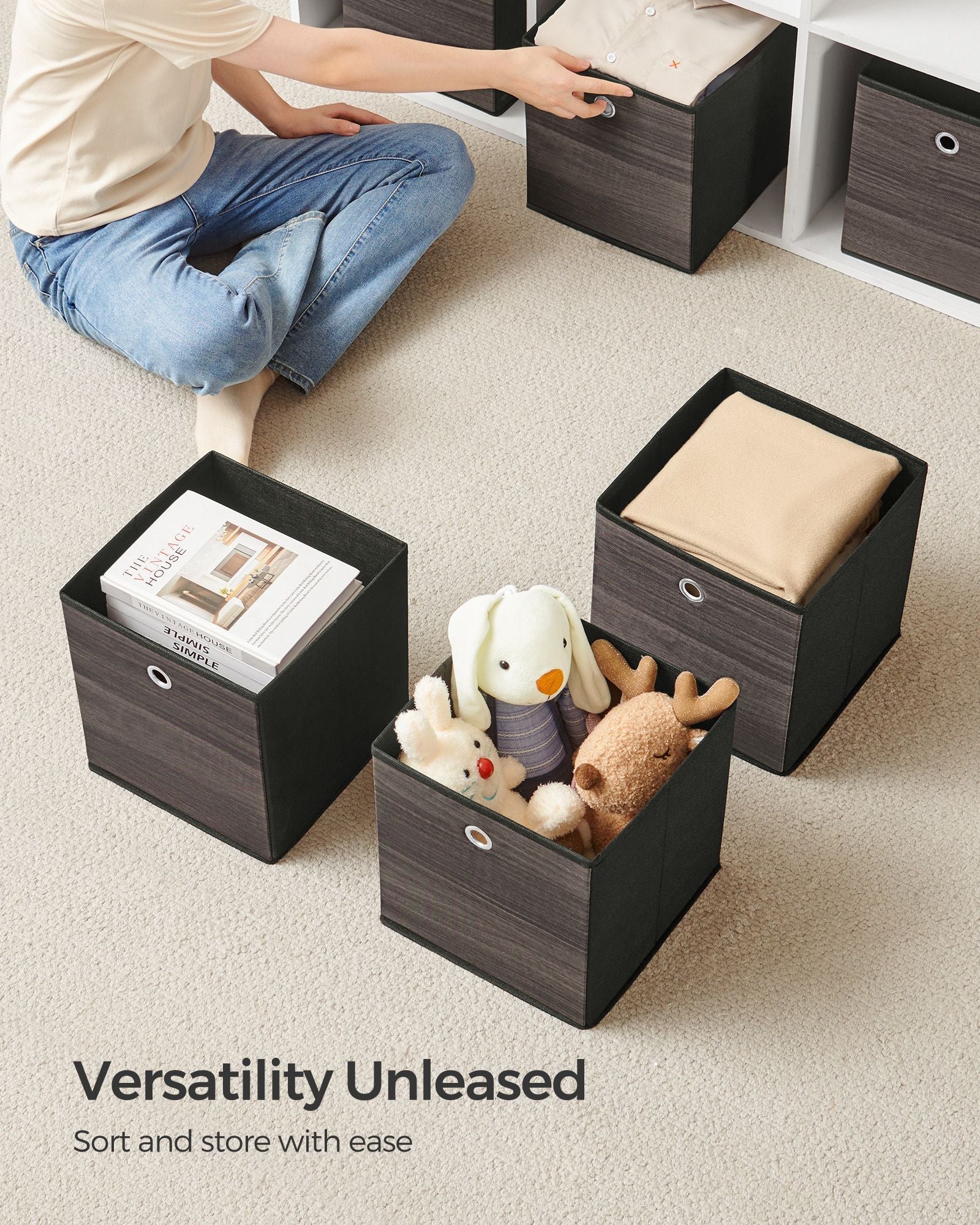 Set of 6 Foldable Storage Bins - Oxford - Chestnut Brown - Featuring Handles