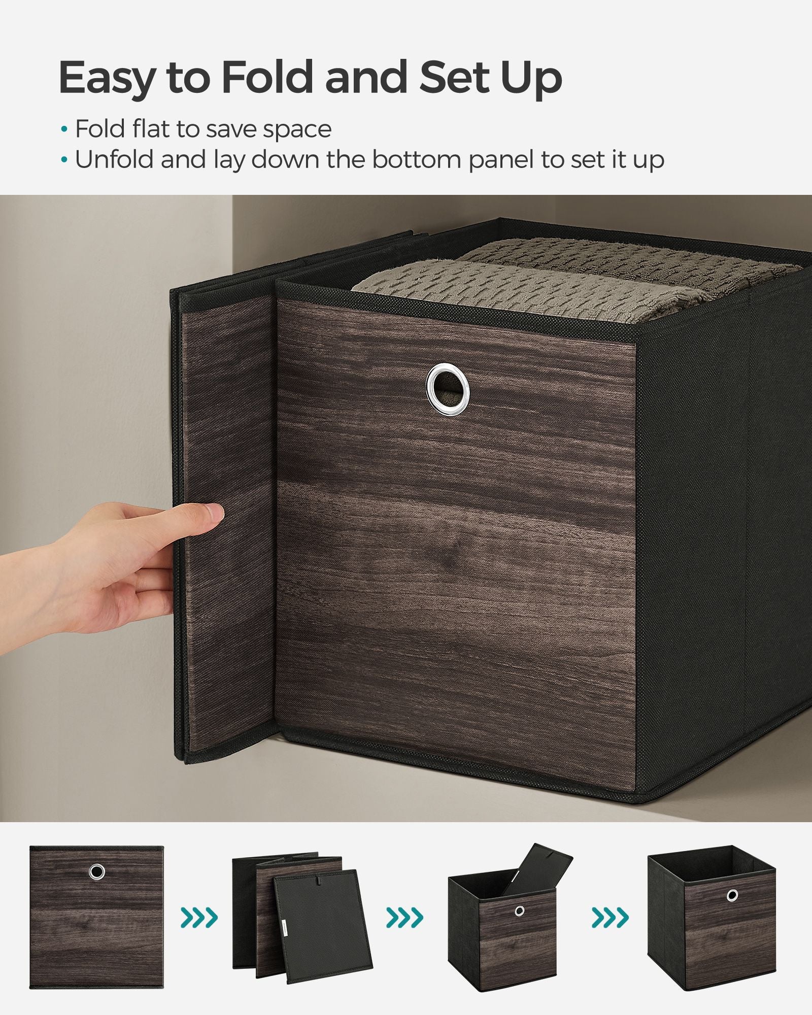 Set of 6 Foldable Storage Bins - Oxford - Chestnut Brown - Featuring Handles
