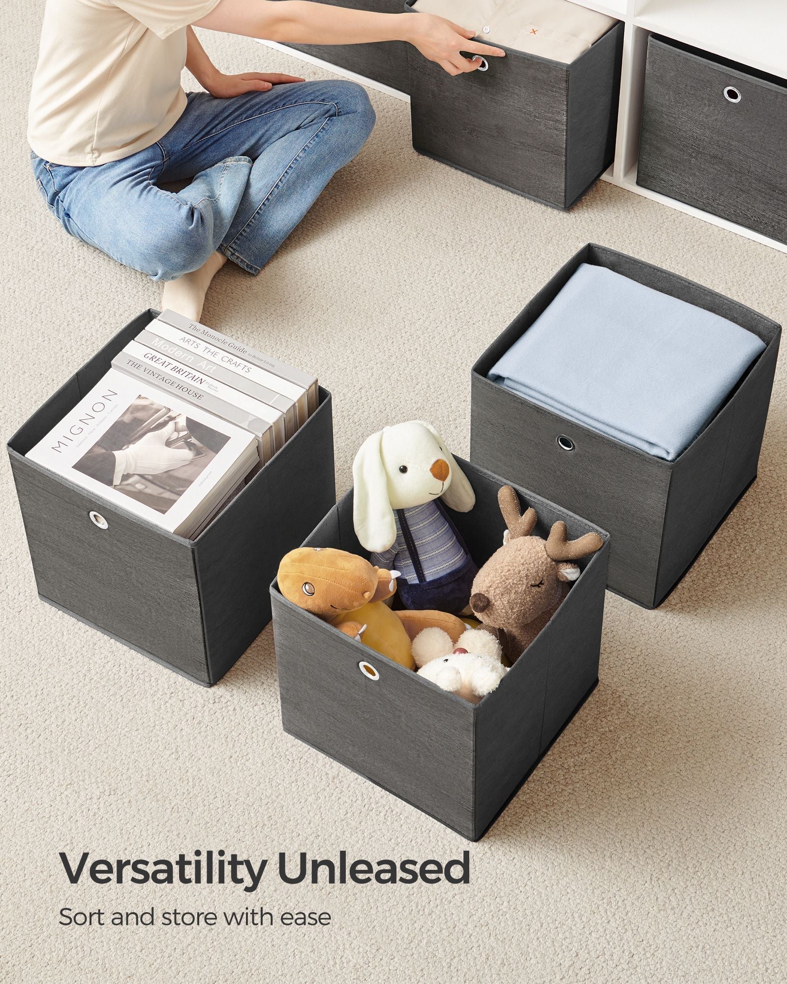 Set of 6 Foldable Non-Woven Fabric Storage Boxes - 33 x 33 x 33 cm - Gray - With Handle