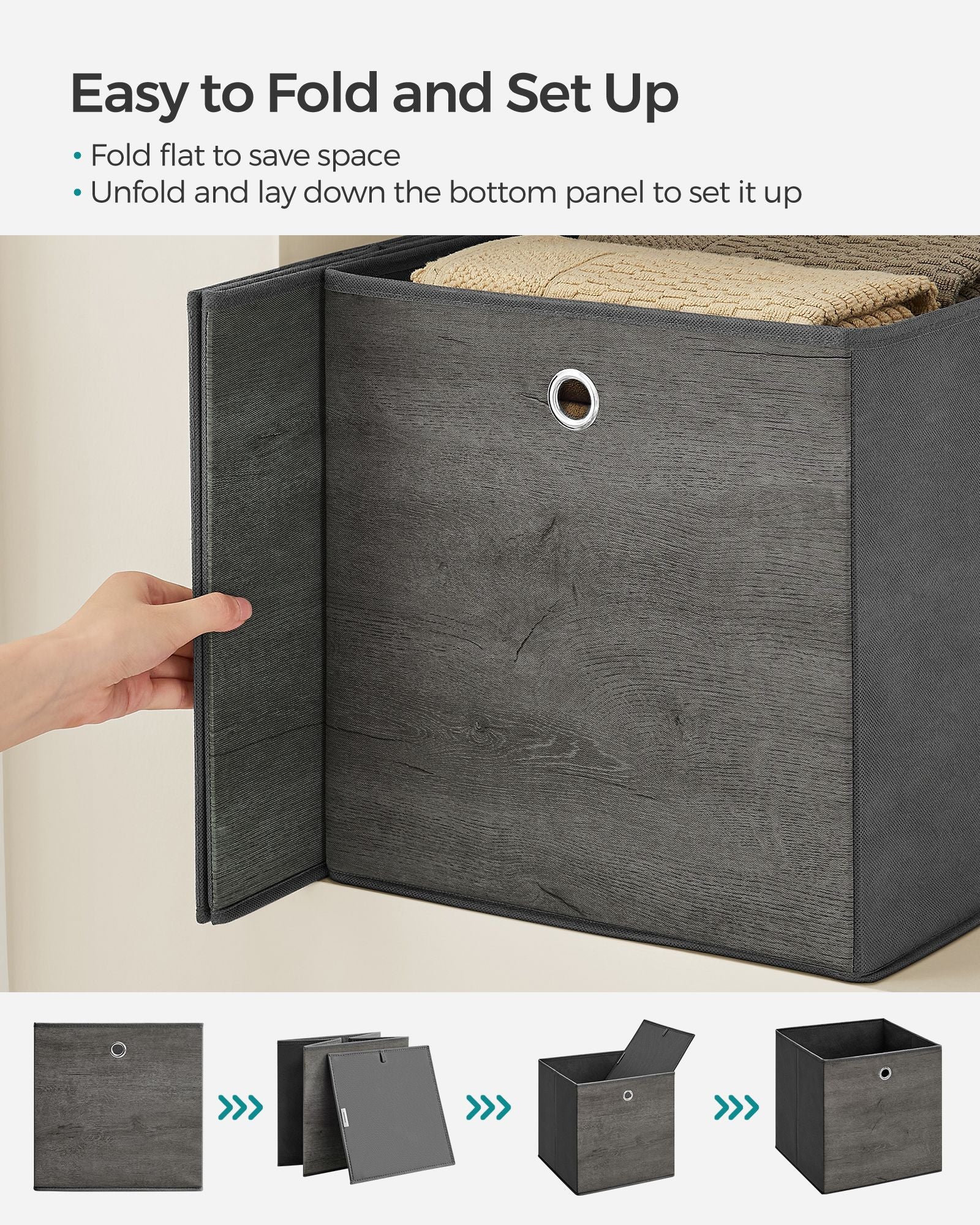 Set of 6 Foldable Non-Woven Fabric Storage Boxes - 33 x 33 x 33 cm - Gray - With Handle