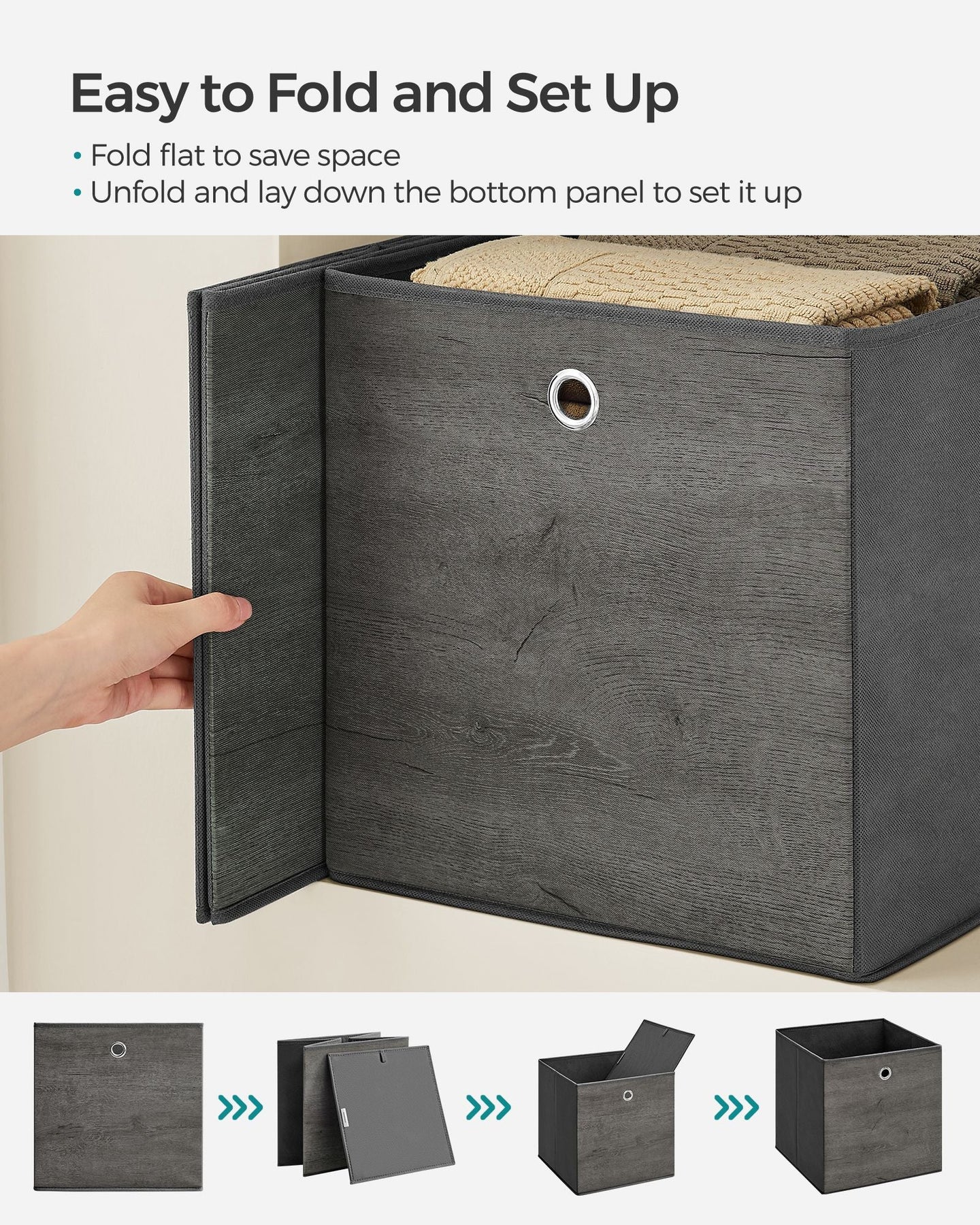 Set of 6 Foldable Non-Woven Fabric Storage Boxes - 33 x 33 x 33 cm - Gray - With Handle