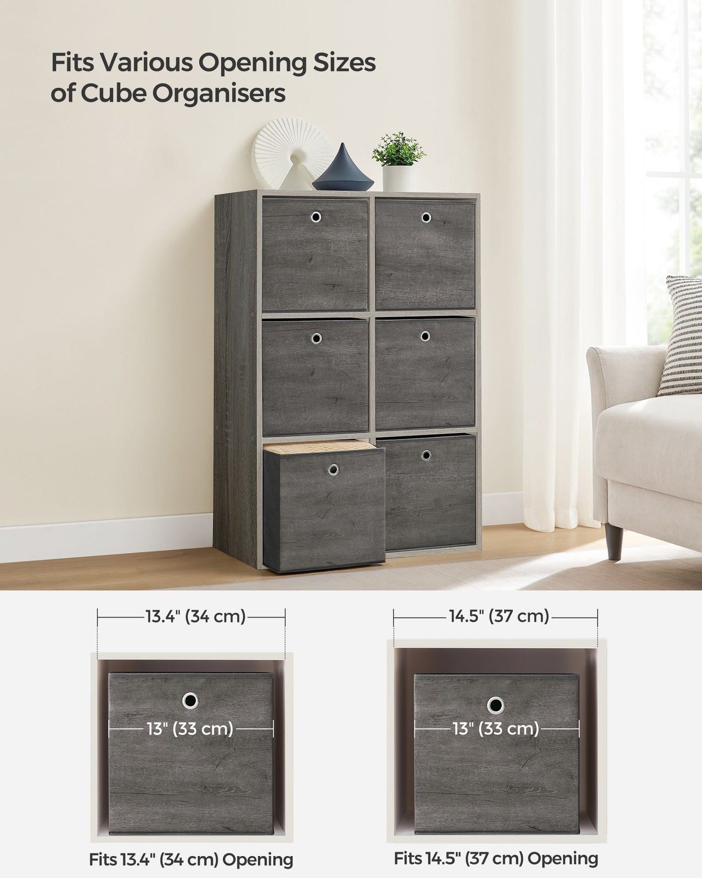 Set of 6 Foldable Non-Woven Fabric Storage Boxes - 33 x 33 x 33 cm - Gray - With Handle