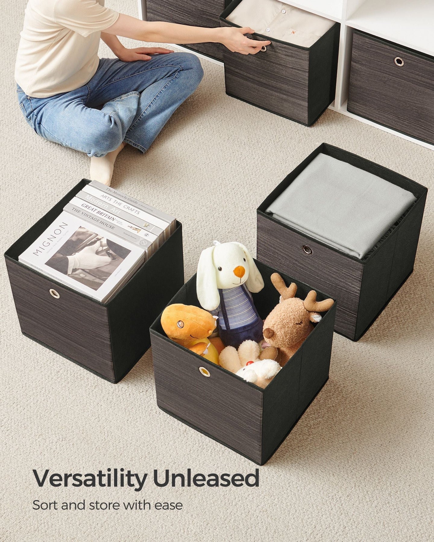 Set of 6 Foldable Storage Bins - Non-Woven Fabric - Misty Grey - With Handles