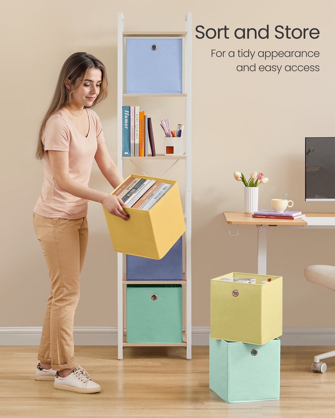 Storage Cubes Set of 6 Collapsible Storage Boxes Rainbow Storage Bins - Non-Woven Fabric and Plastic - Pale Gold
