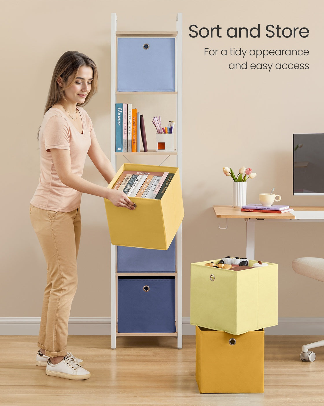 Storage Cubes Set of 6 Collapsible Storage Boxes Colourful Fabric Bins - Non-Woven Fabric and Plastic - Pale Blue