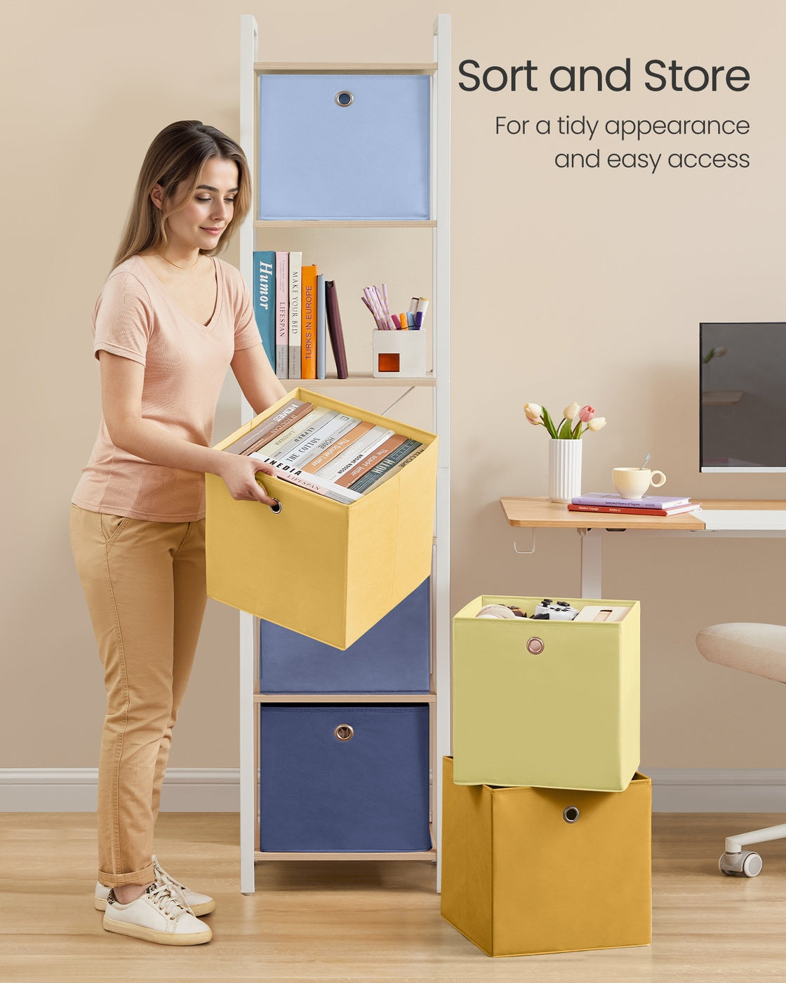 Storage Cubes Set of 6 Collapsible Storage Boxes Colourful Fabric Bins - Non-Woven Fabric and Plastic - Pale Blue