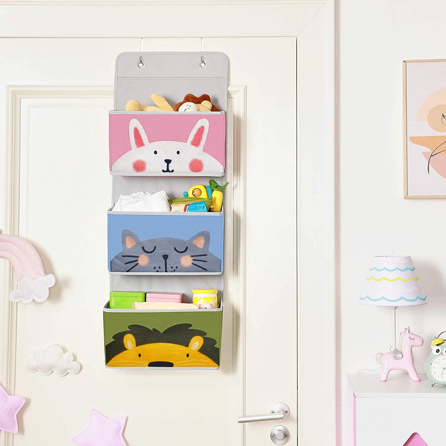 Over-the-Door Organizer - Fabric - Multicolor - Animal Theme with 3 Pockets and 2 Hooks