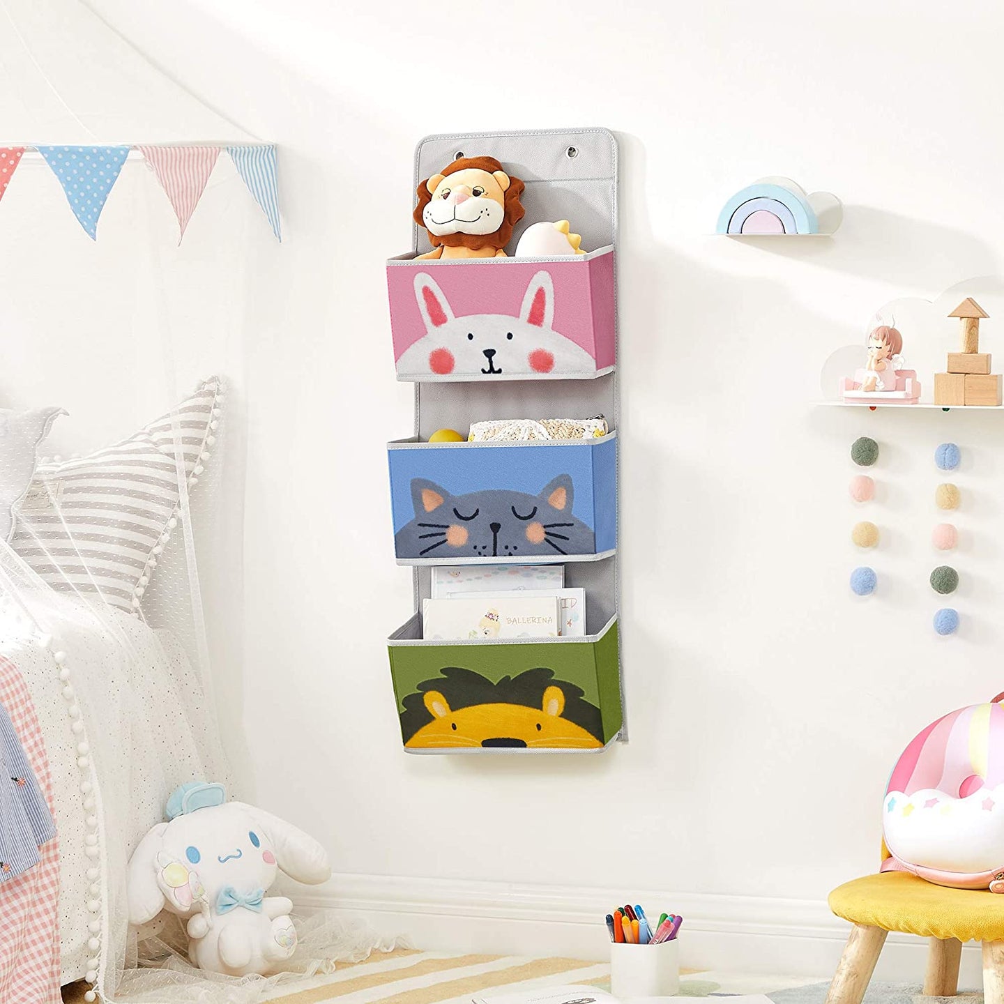 Over-the-Door Organizer - Fabric - Multicolor - Animal Theme with 3 Pockets and 2 Hooks