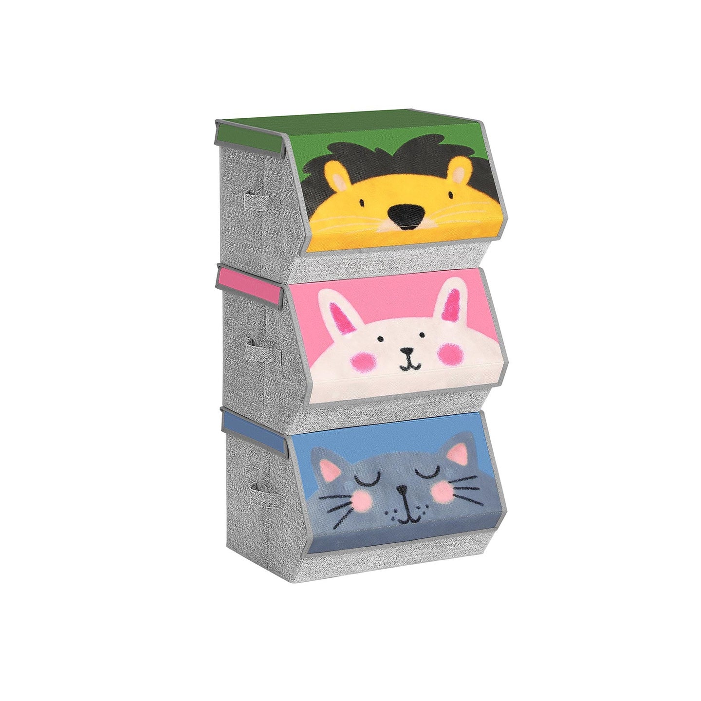 Set of 3 Stackable Toy Organiser Boxes - Fabric - Pink, Blue, Green, Grey - Magnetic Lid and Handles