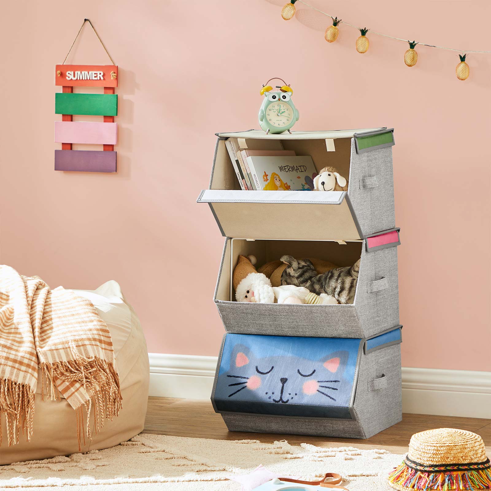 Set of 3 Stackable Toy Organiser Boxes - Fabric - Pink, Blue, Green, Grey - Magnetic Lid and Handles
