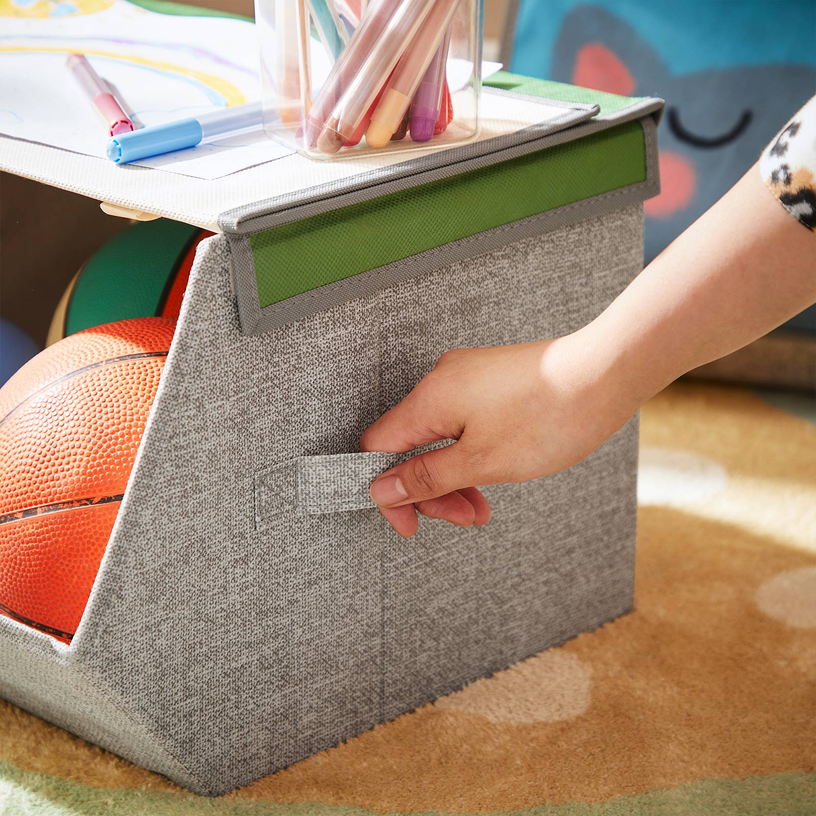 Set of 3 Stackable Toy Organiser Boxes - Fabric - Pink, Blue, Green, Grey - Magnetic Lid and Handles