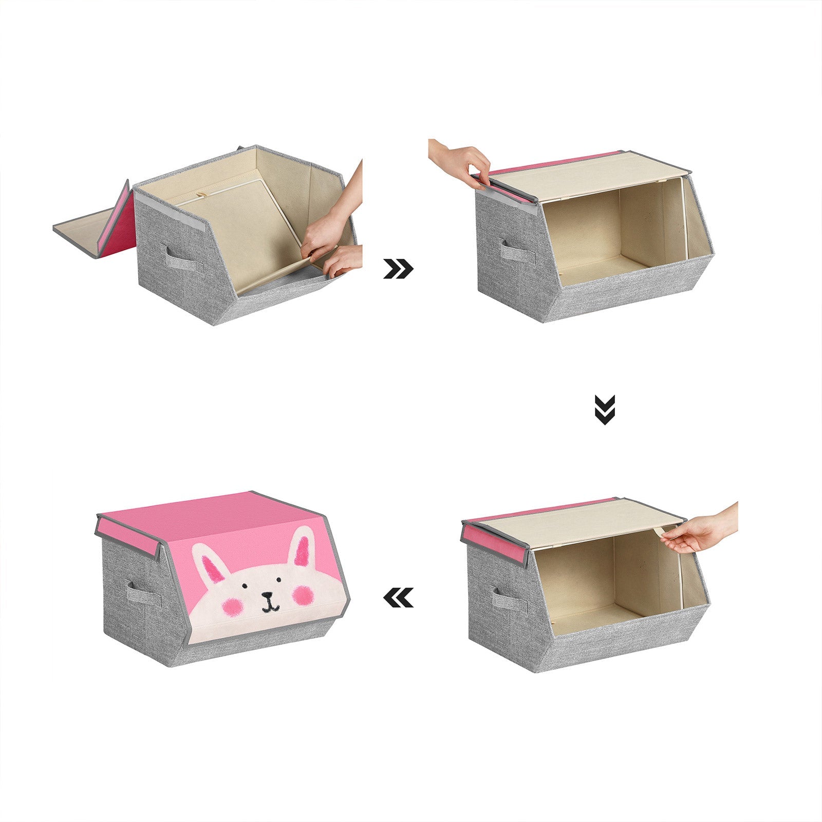 Set of 3 Stackable Toy Organiser Boxes - Fabric - Pink, Blue, Green, Grey - Magnetic Lid and Handles