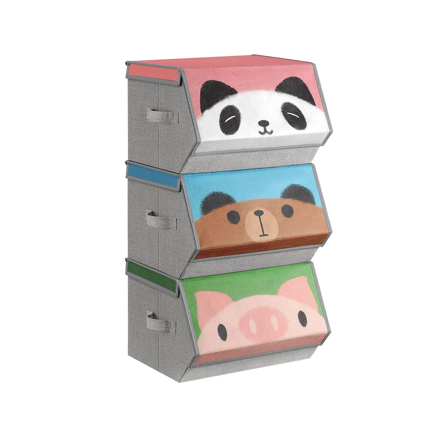 Set of 3 Stackable Toy Storage Organisers - Fabric - Pink, Blue, Green, Grey - Folding with Handles and Magnetic Lid