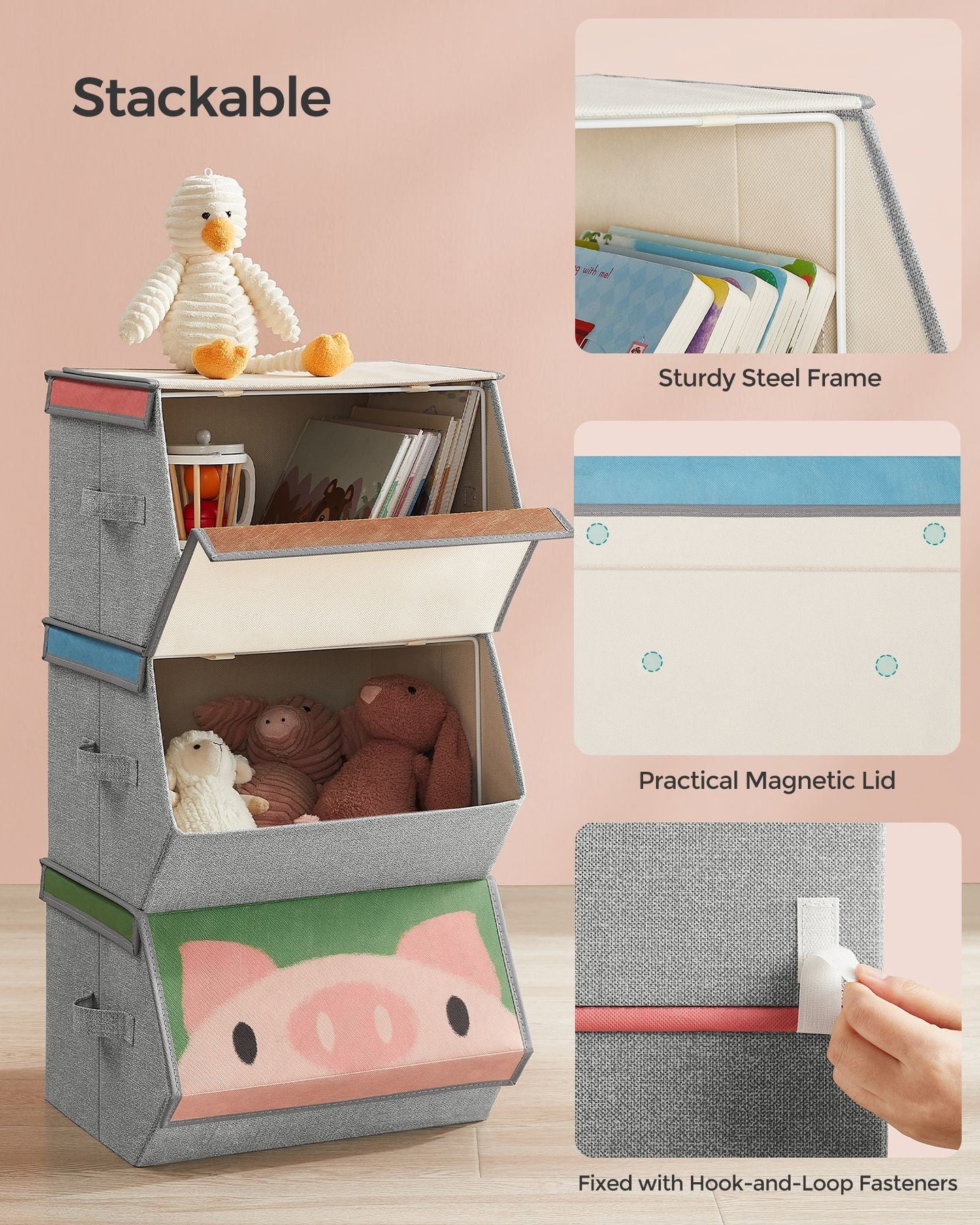 Set of 3 Stackable Toy Storage Organisers - Fabric - Pink, Blue, Green, Grey - Folding with Handles and Magnetic Lid