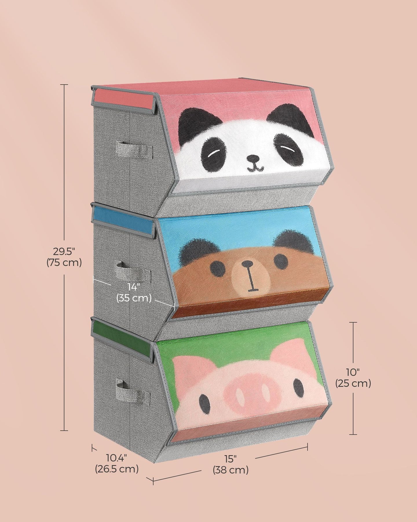 Set of 3 Stackable Toy Storage Organisers - Fabric - Pink, Blue, Green, Grey - Folding with Handles and Magnetic Lid
