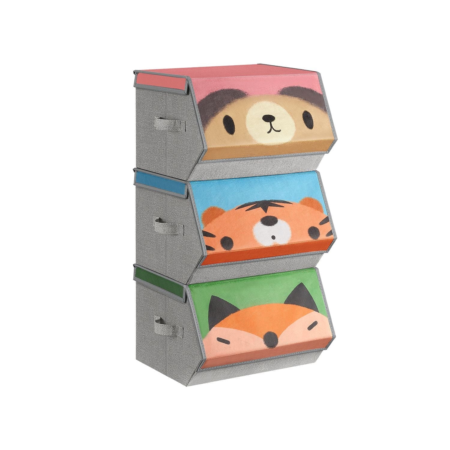 Set of 3 Stackable Toy Storage Organisers - Fabric - Pink, Blue, Green, Grey - Folding with Handles and Magnetic Lid