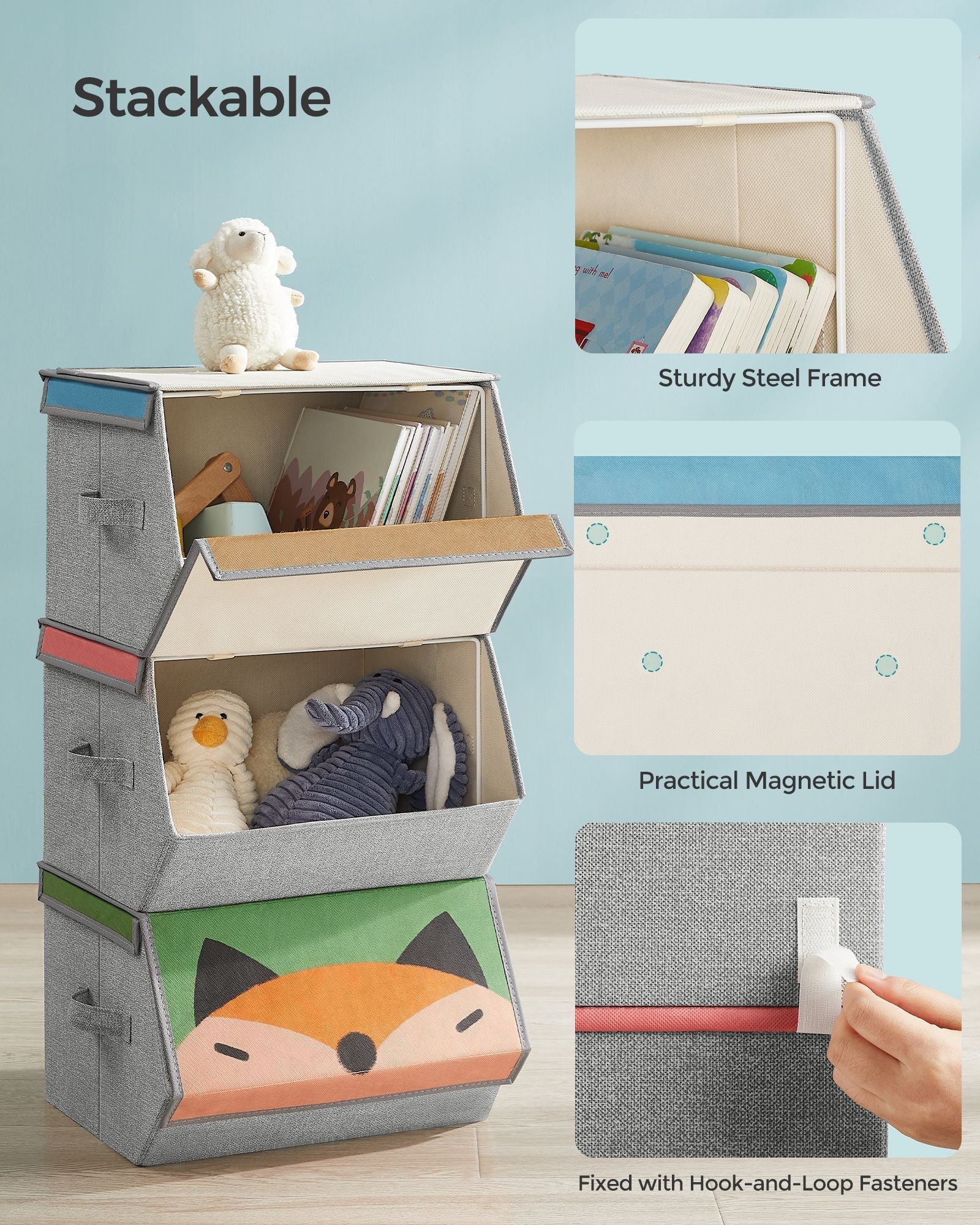 Set of 3 Stackable Toy Storage Organisers - Fabric - Pink, Blue, Green, Grey - Folding with Handles and Magnetic Lid
