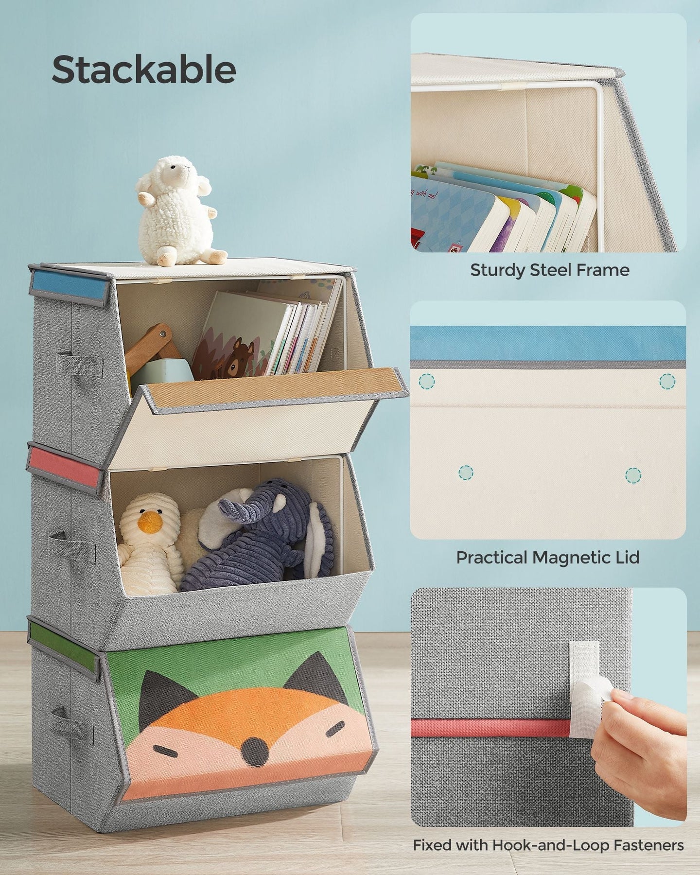 Set of 3 Stackable Toy Storage Organisers - Fabric - Pink, Blue, Green, Grey - Folding with Handles and Magnetic Lid