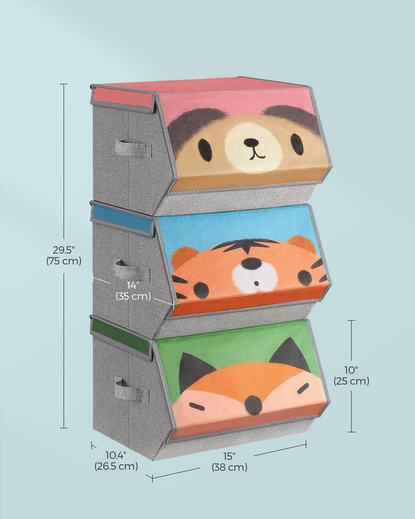 Set of 3 Stackable Toy Storage Organisers - Fabric - Pink, Blue, Green, Grey - Folding with Handles and Magnetic Lid