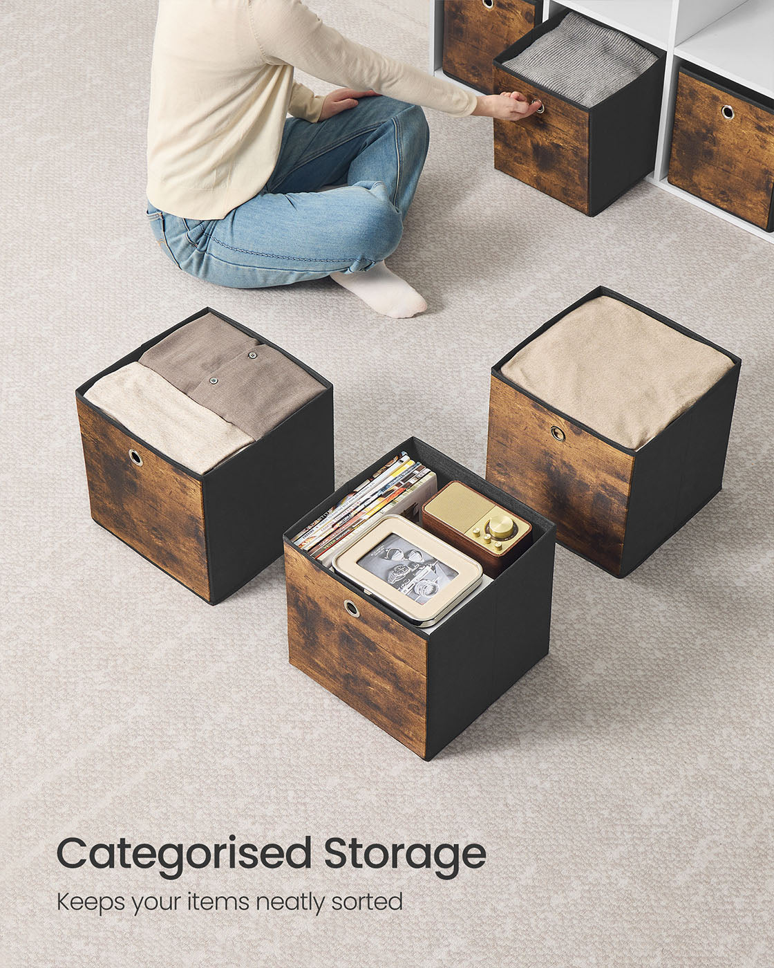 Foldable Storage Cubes - Fabric - Rustic Brown - Set of 8 for Organizing Clothes