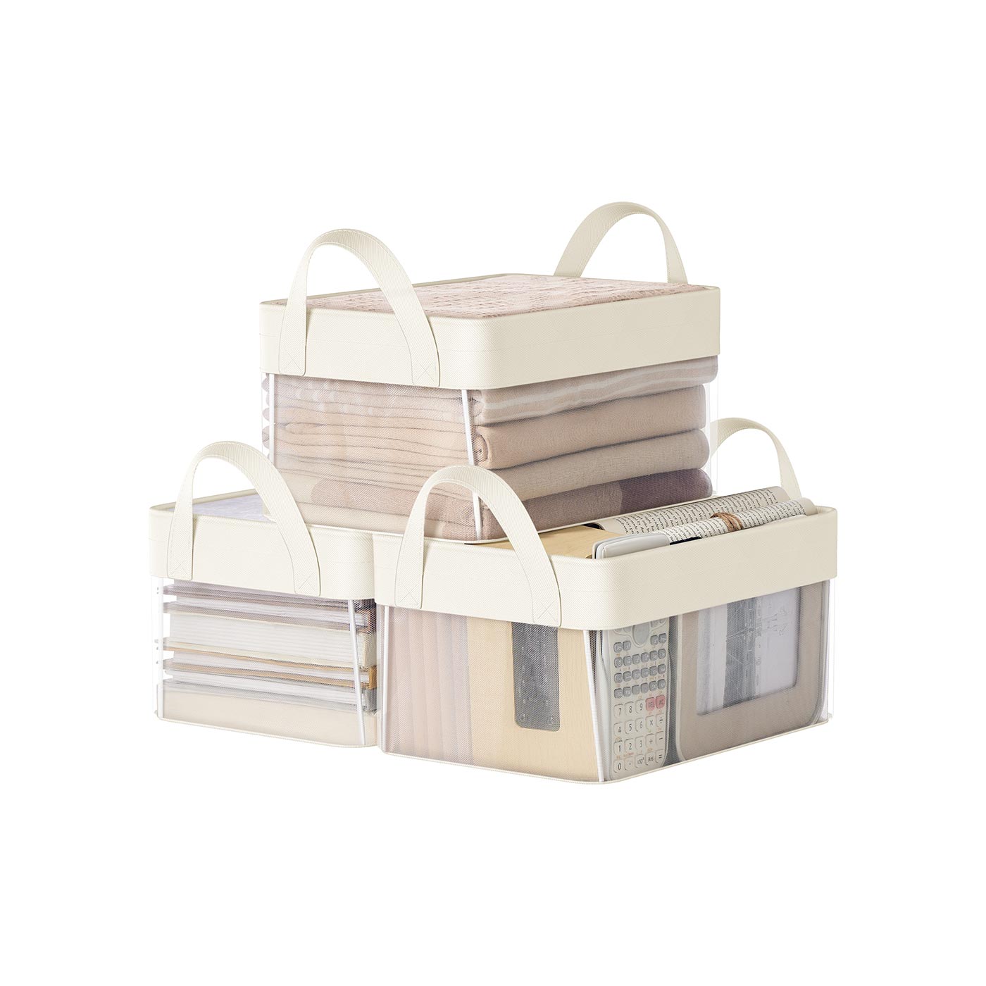 Storage Bins Set of 3 - Fabric - Cream White - Foldable with Transparent Nylon Mesh Handles