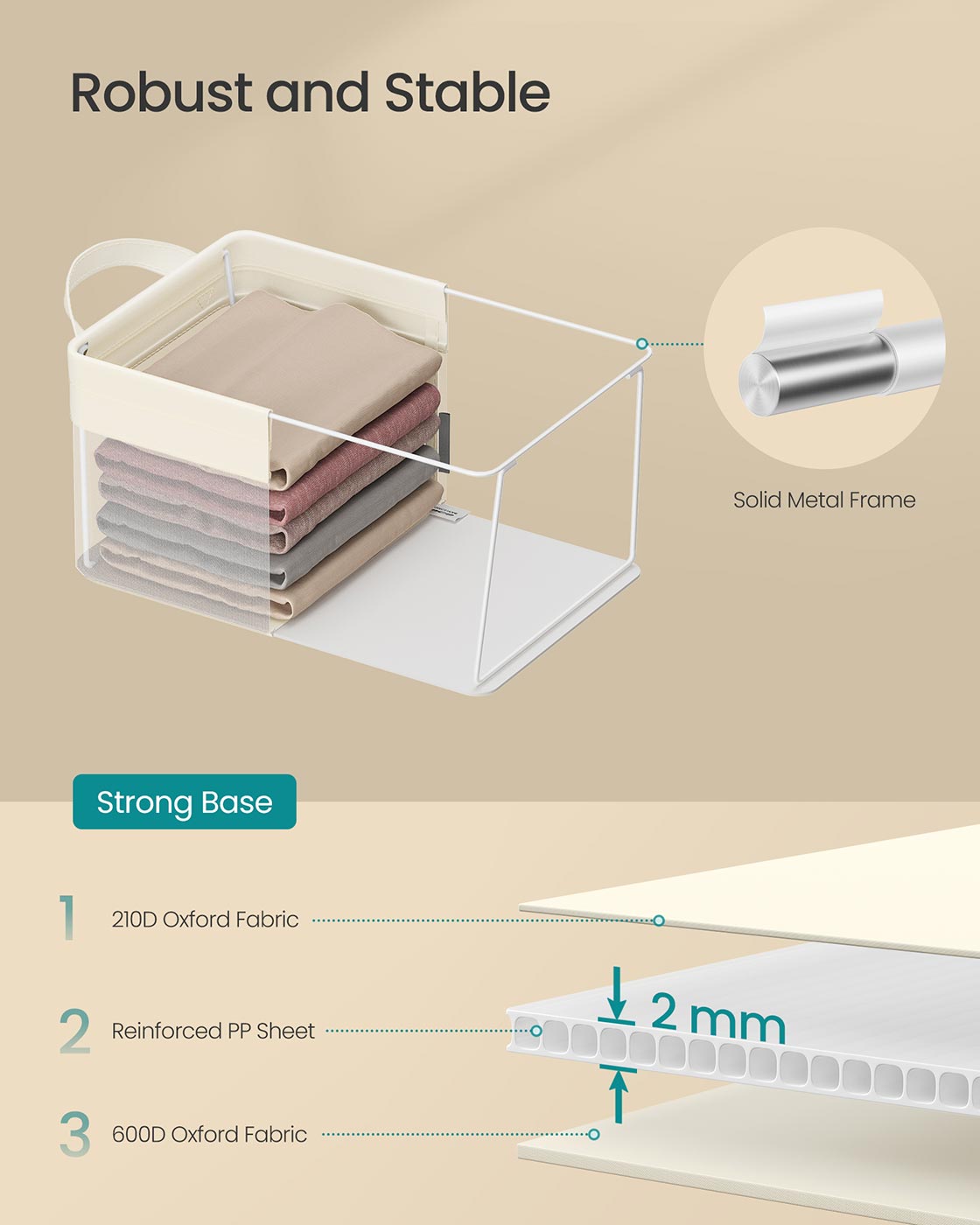Storage Bins Set of 3 - Fabric - Cream White - Foldable with Transparent Nylon Mesh Handles