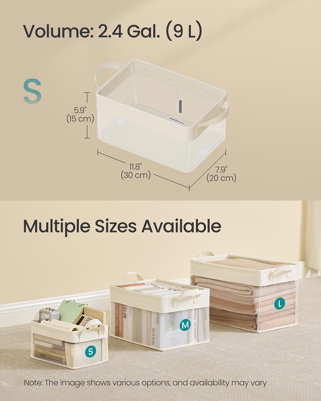 Storage Bins Set of 3 - Fabric - Cream White - Foldable with Transparent Nylon Mesh Handles