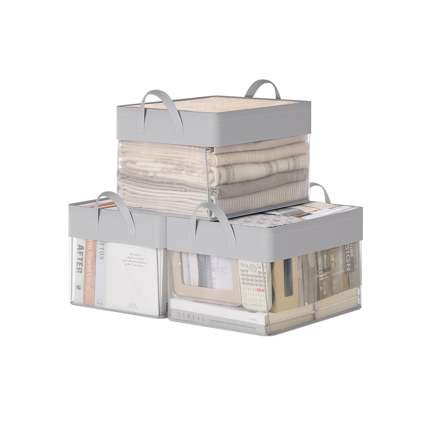 Medium Fabric Storage Bins - Set of 3 - Dove Grey - Foldable Design with Handles