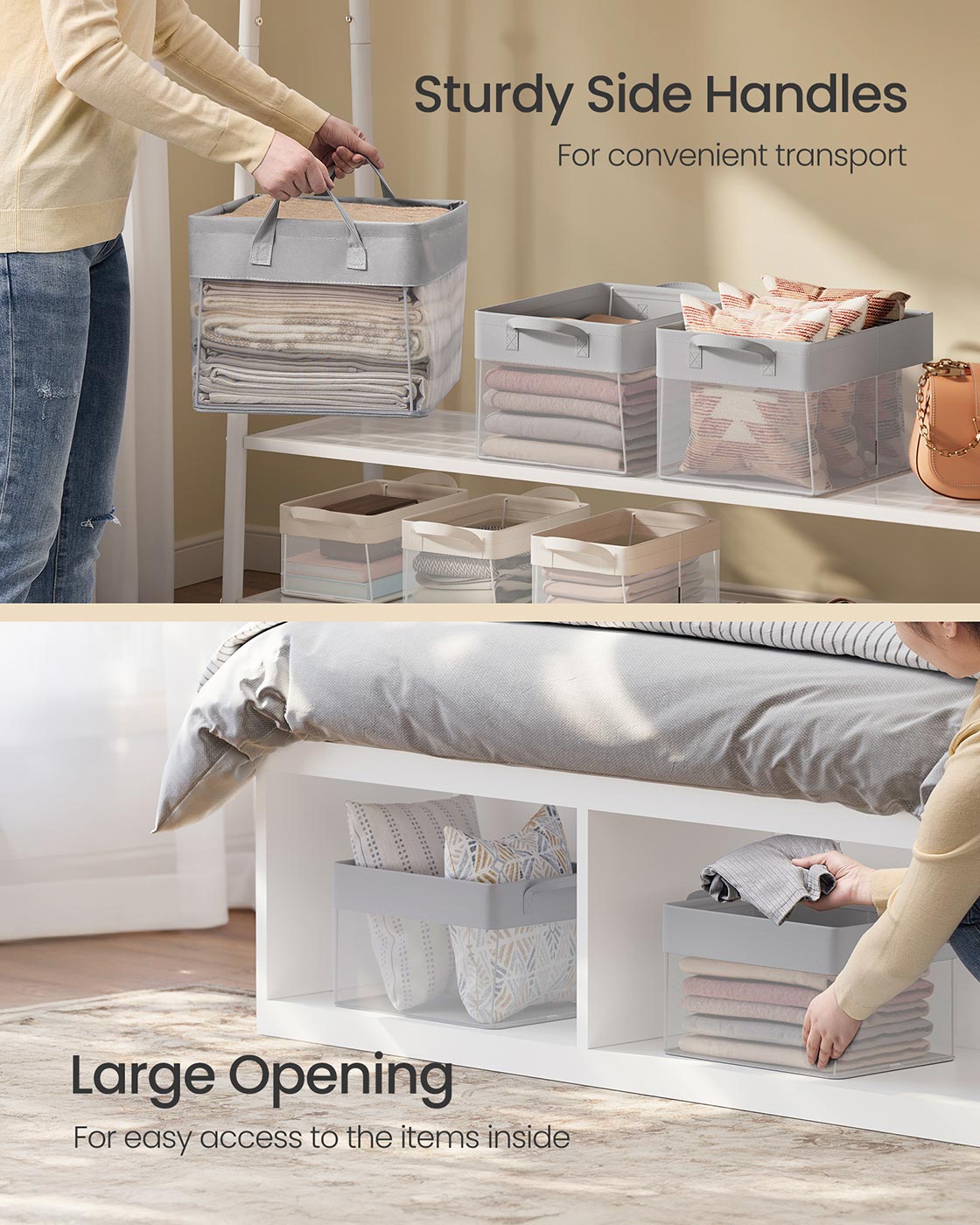 Medium Fabric Storage Bins - Set of 3 - Dove Grey - Foldable Design with Handles