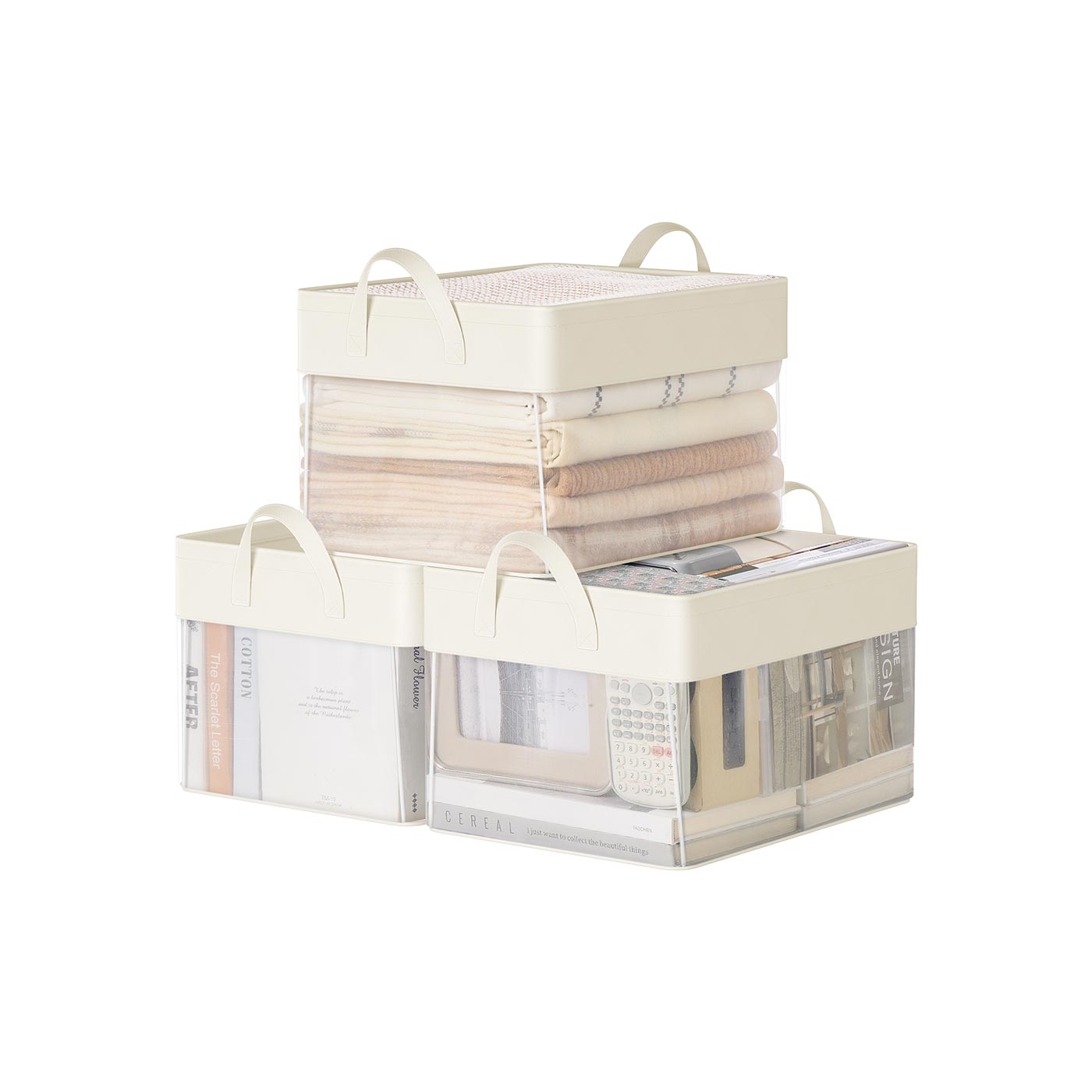 Medium Fabric Storage Bins Set of 3 - Cream White - Foldable with Handles