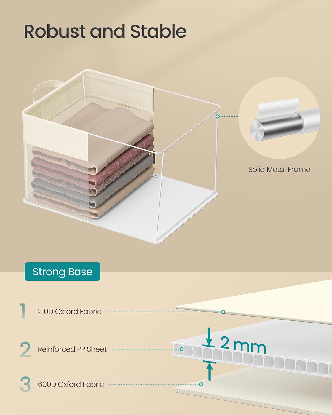 Medium Fabric Storage Bins Set of 3 - Cream White - Foldable with Handles