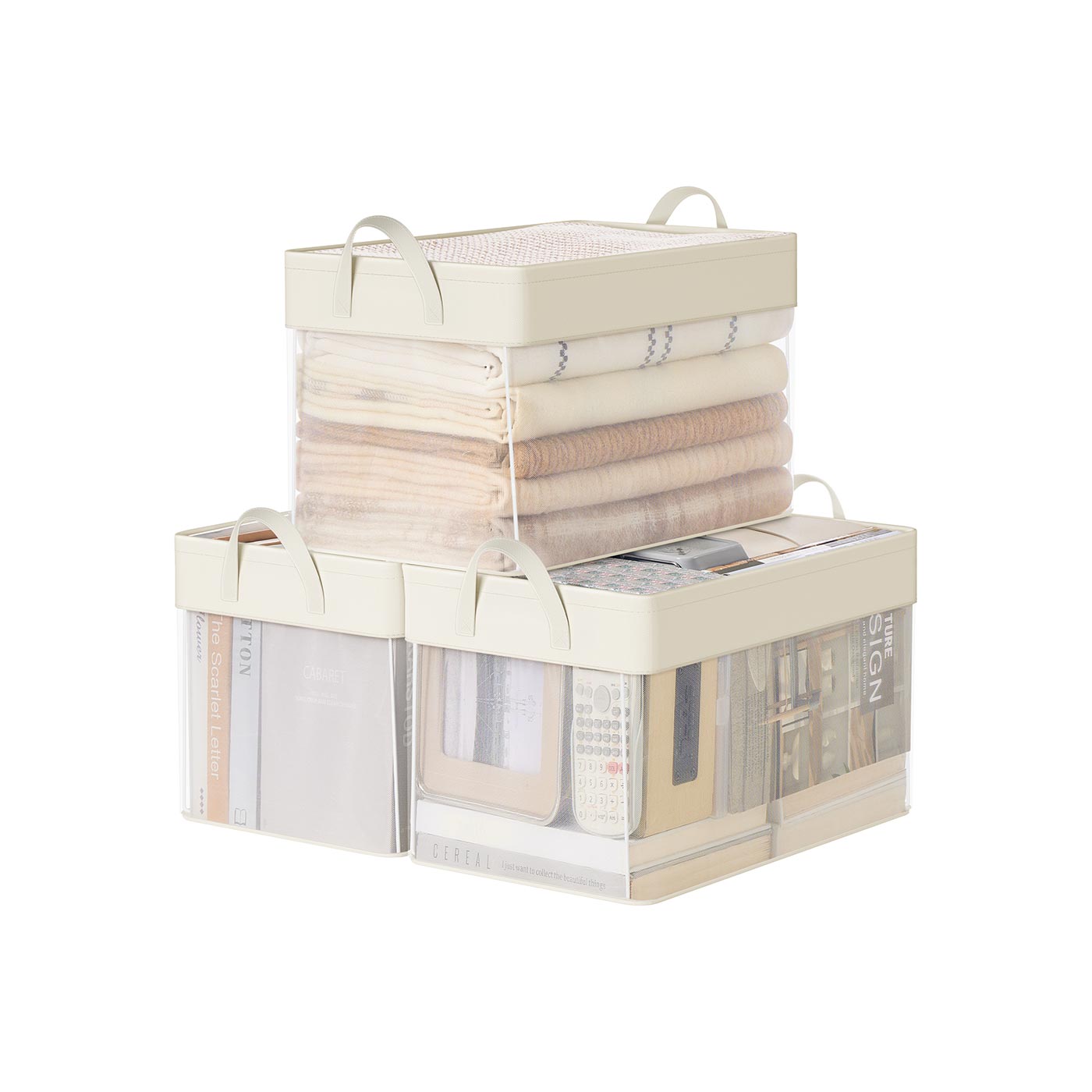 Set of 3 Large Fabric Storage Bins - Fabric - Cream White - Foldable Design