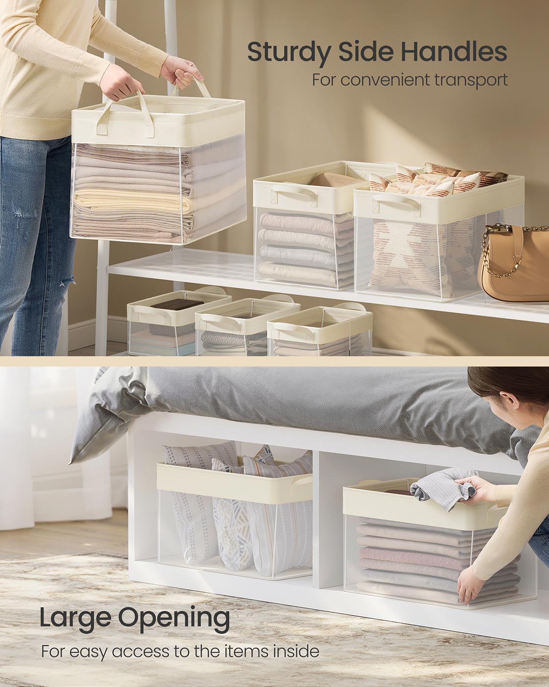 Set of 3 Large Fabric Storage Bins - Fabric - Cream White - Foldable Design