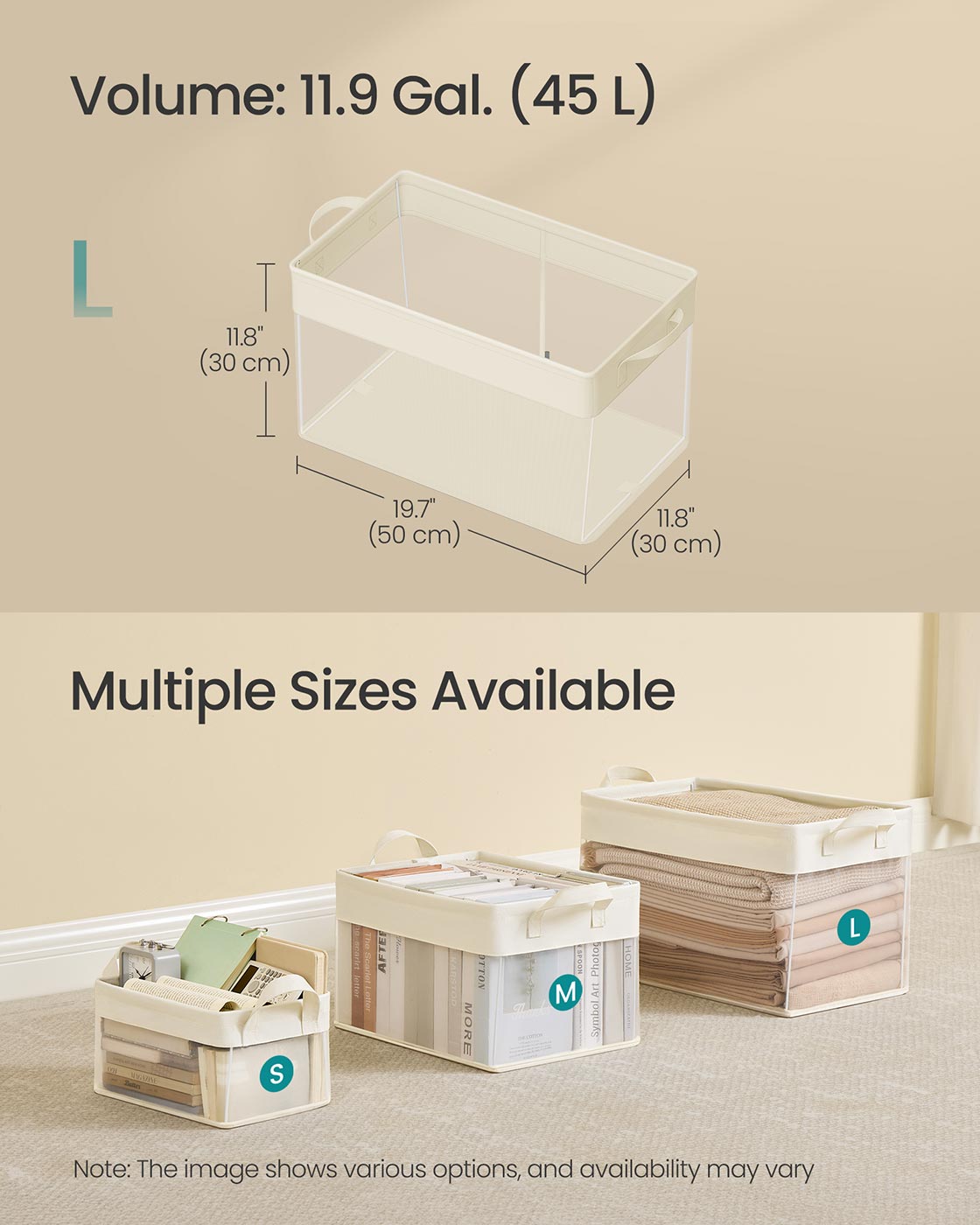 Set of 3 Large Fabric Storage Bins - Fabric - Cream White - Foldable Design