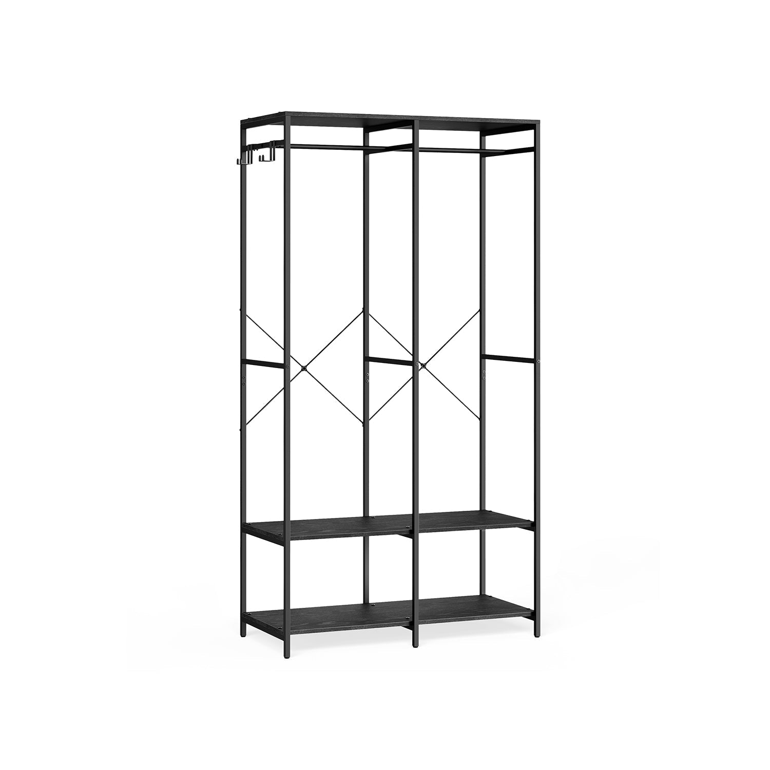 Portable Clothes Wardrobe - Fabric - Ebony Black - Foldable with Hanging Rods and Storage Shelves